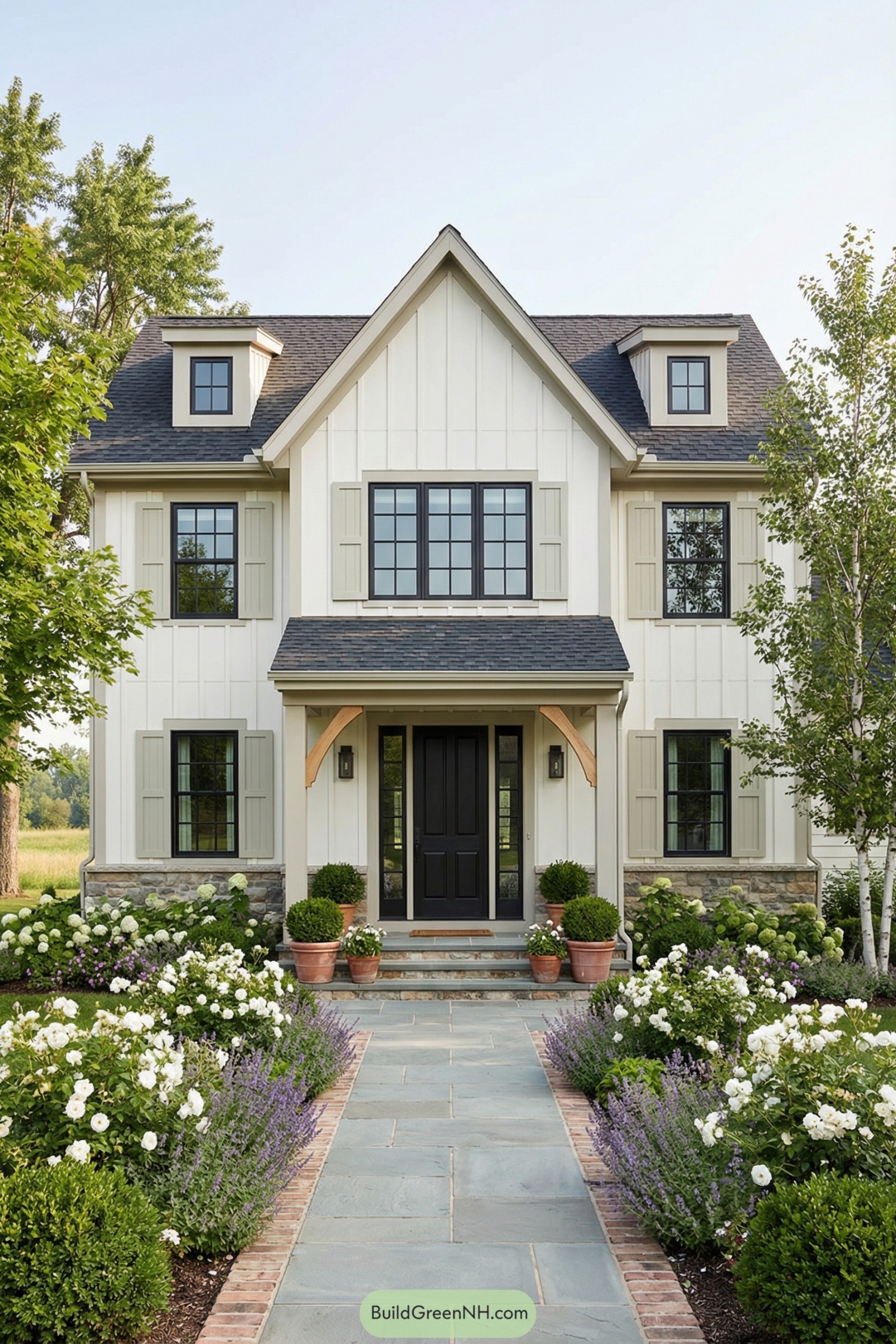White farmhouse style cottage with black windows and lush flower lined stone path