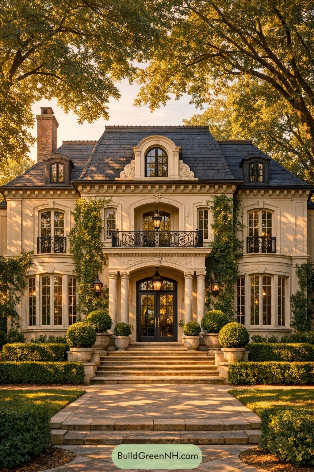Elegant French manor with ivy and manicured entry
