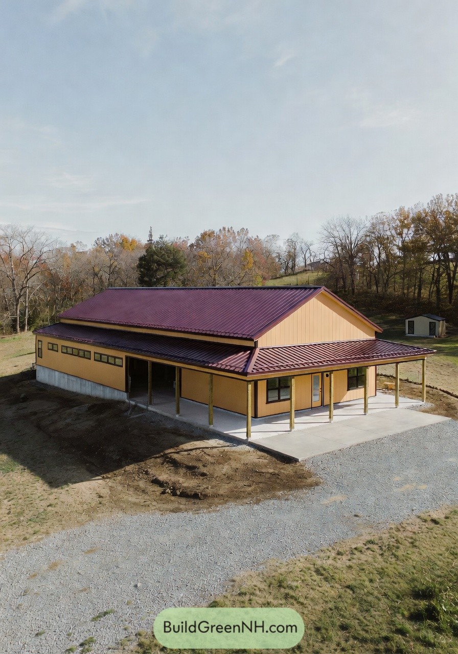 Yellow shouse barndominium with deep red roof and wraparound porch in a rural setting