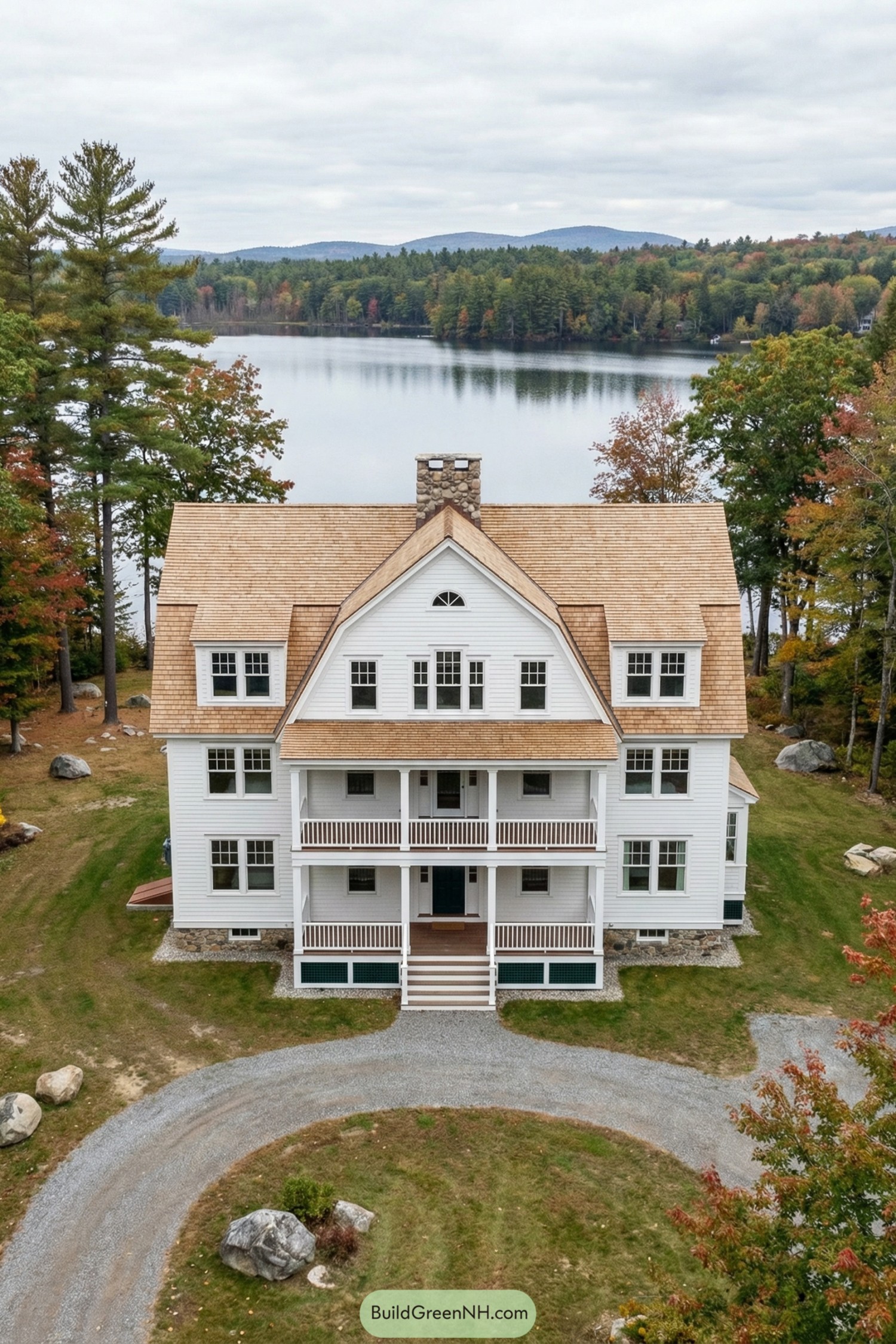 Large white multi-story home facing a lake