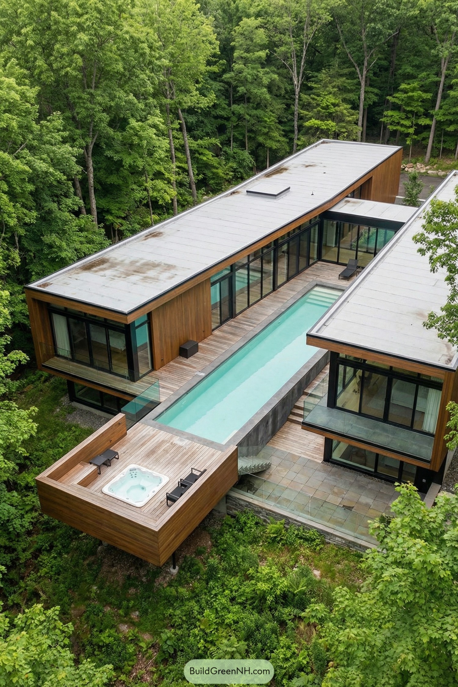 Modern wooded mansion with central lap pool and cantilevered hot tub deck