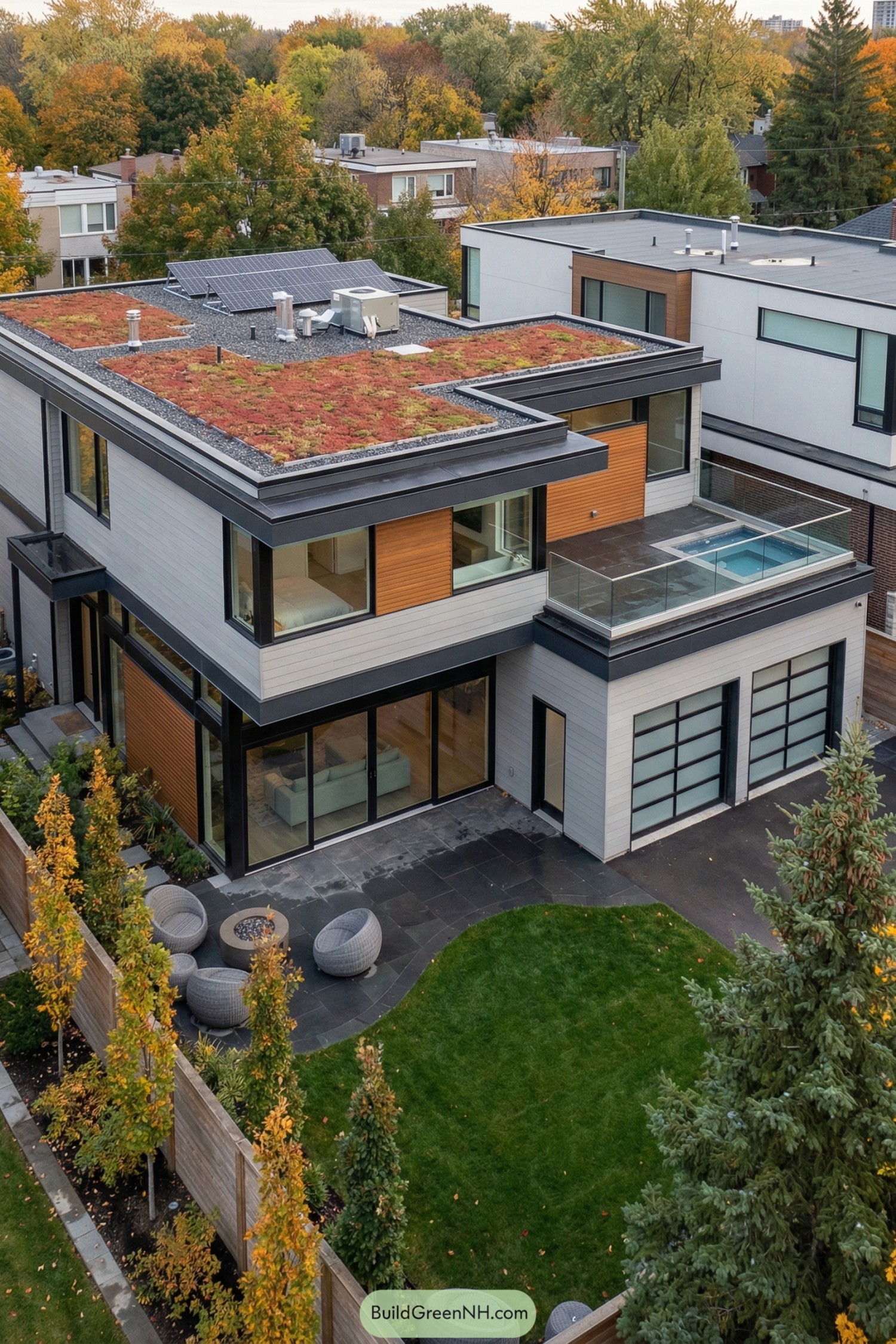 Modern two story house with planted roof solar panels and a compact backyard garden with patio seating