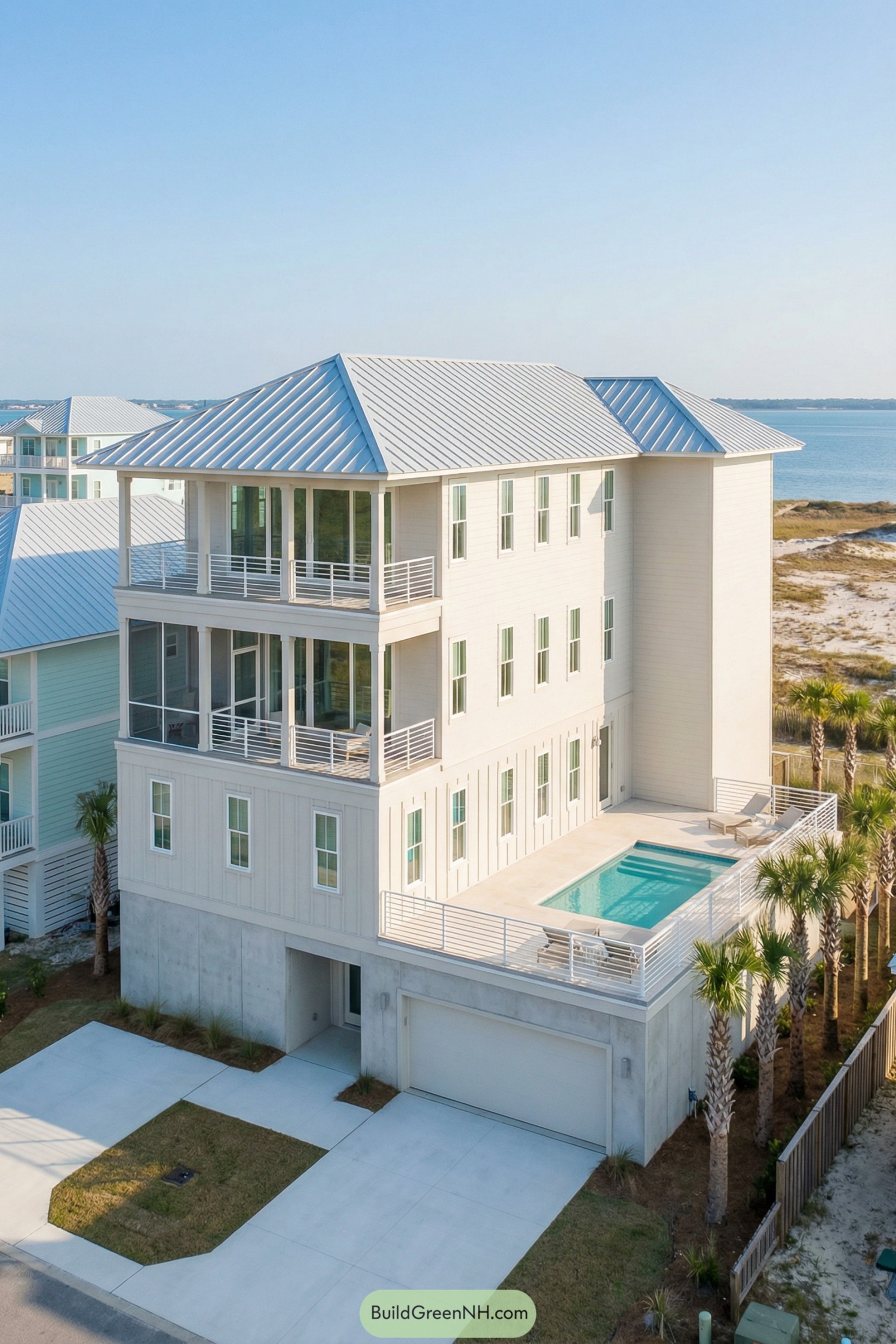 Tall white beachfront house with metal roof and elevated pool terrace