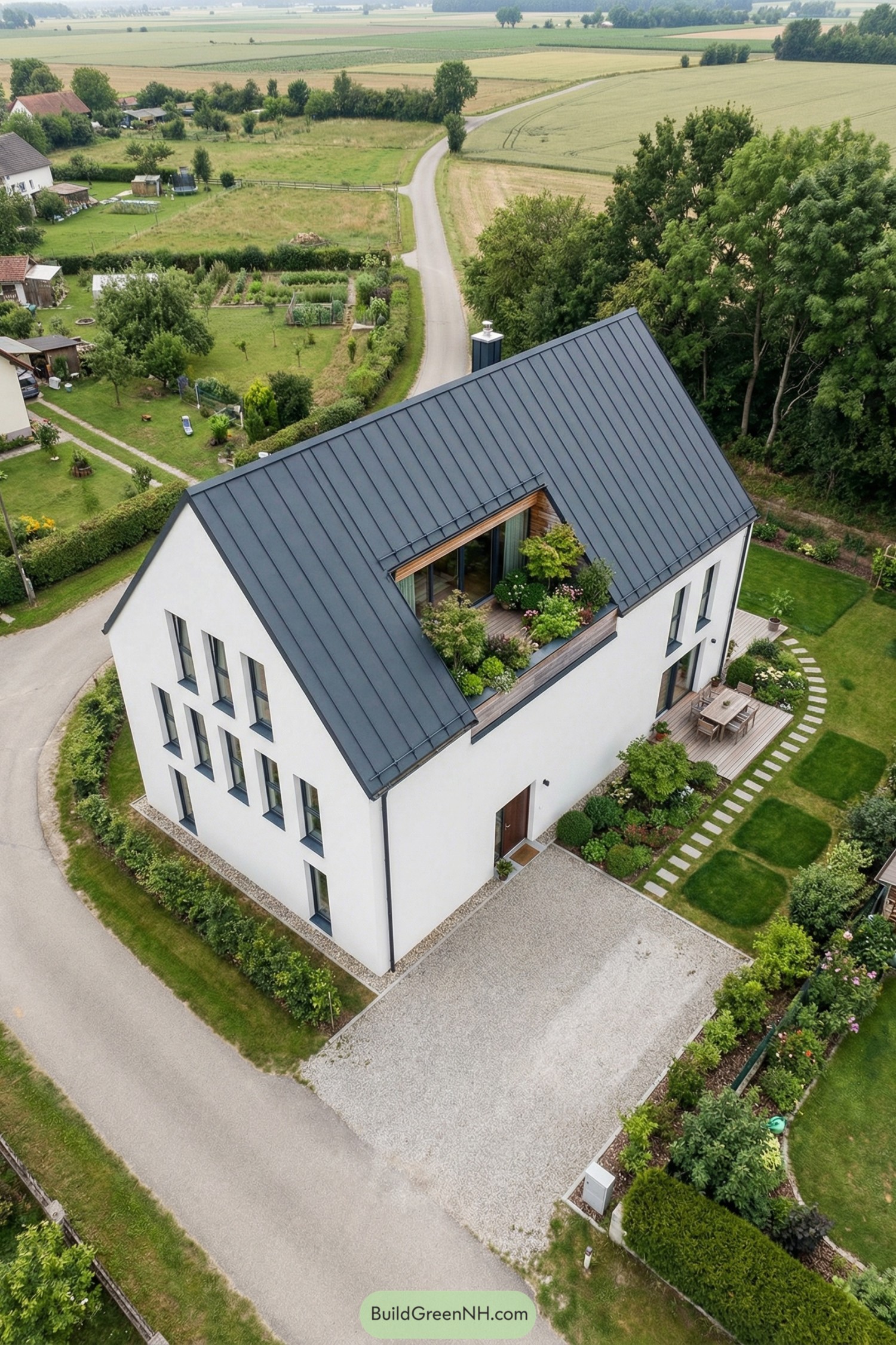 A modern white gabled cottage with a recessed rooftop balcony garden overlooking surrounding fields
