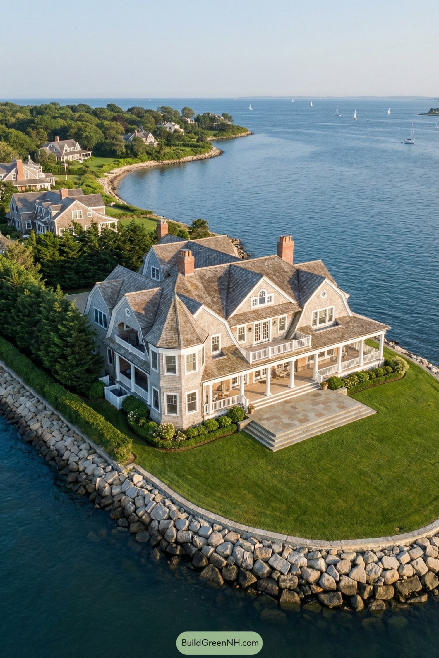 Large shingle beach house on rocky waterfront point