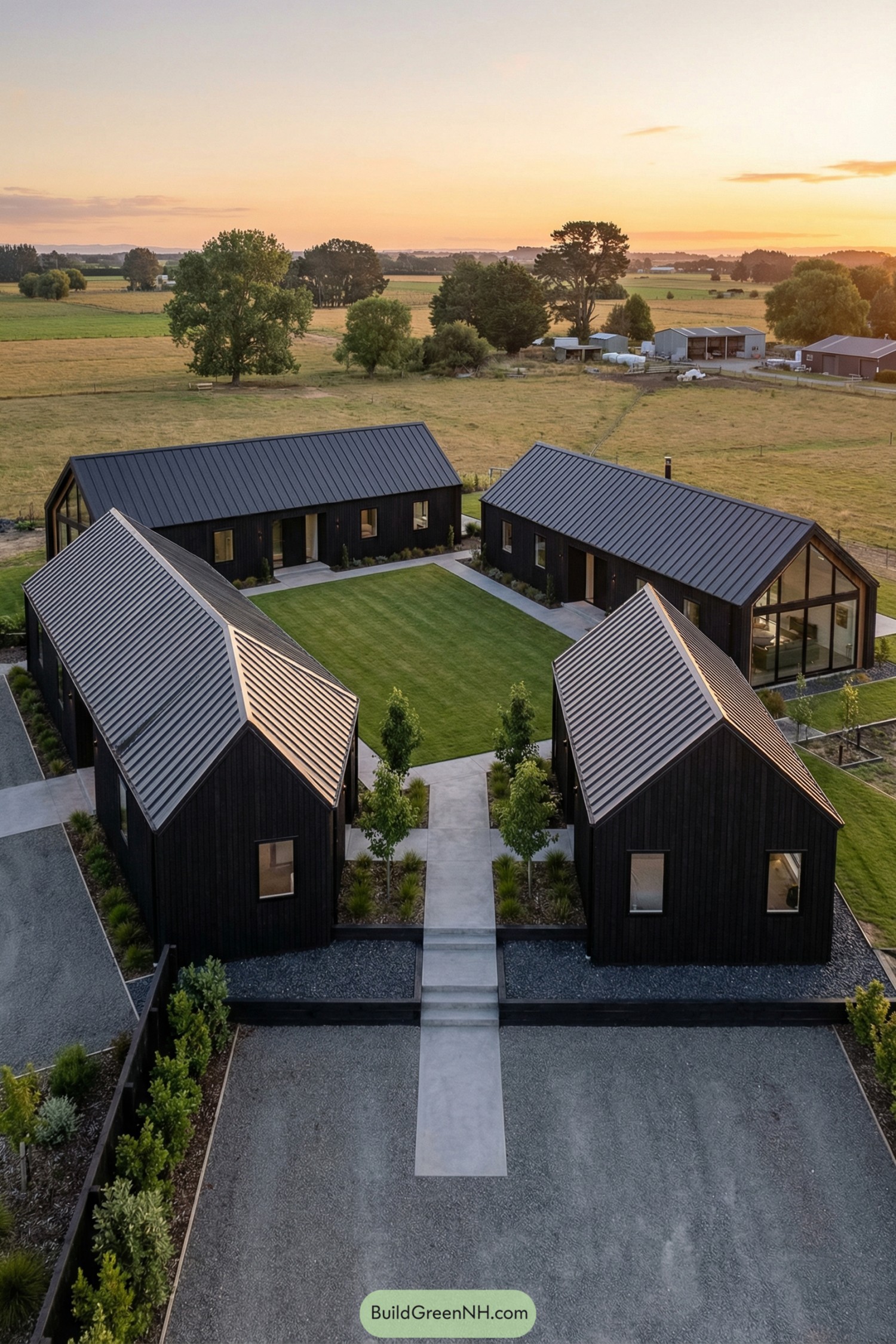 Four black gabled pavilions forming a modern courtyard farmhouse around a central lawn