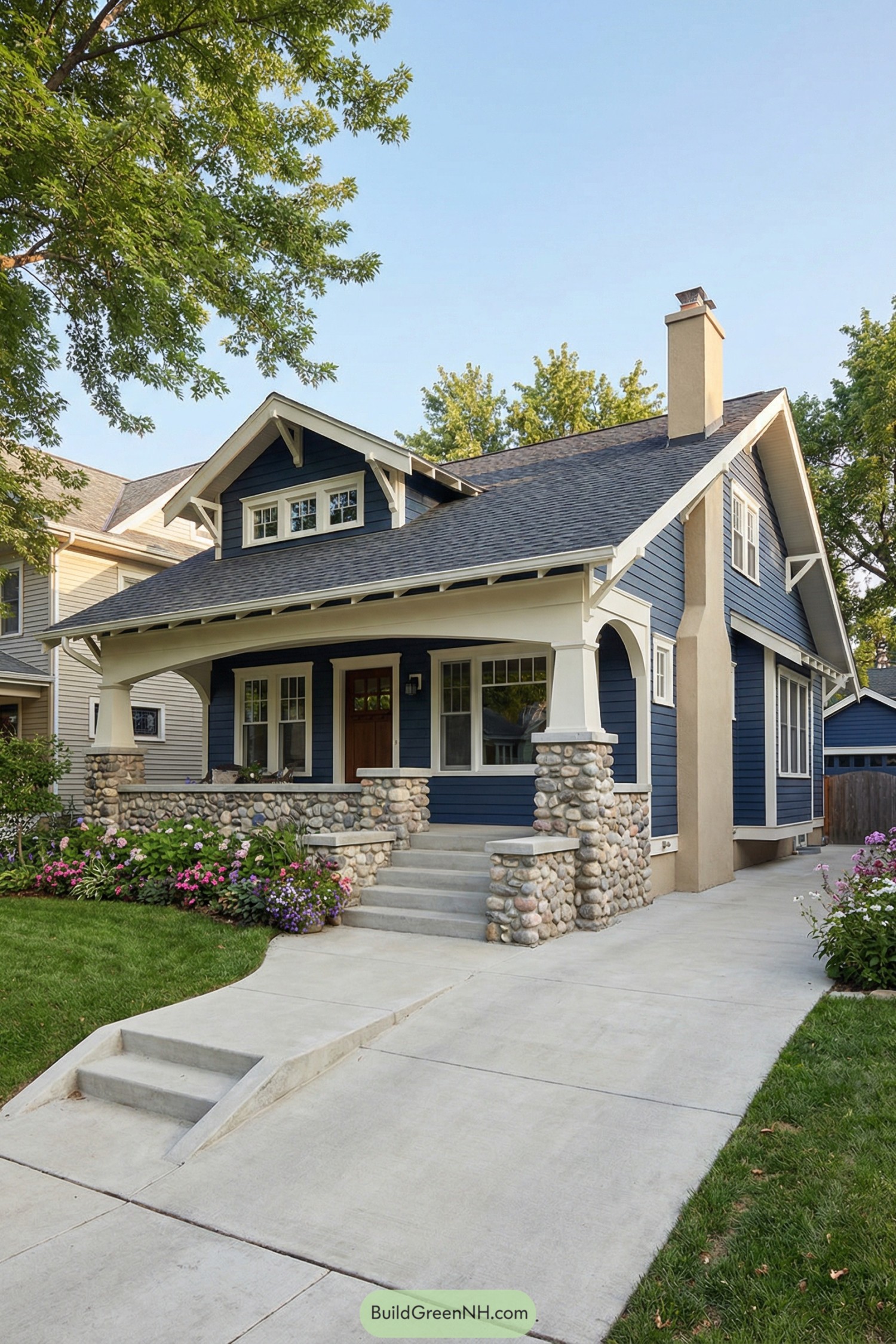 Charming blue craftsman bungalow with broad porch, river-rock columns, and gabled dormer