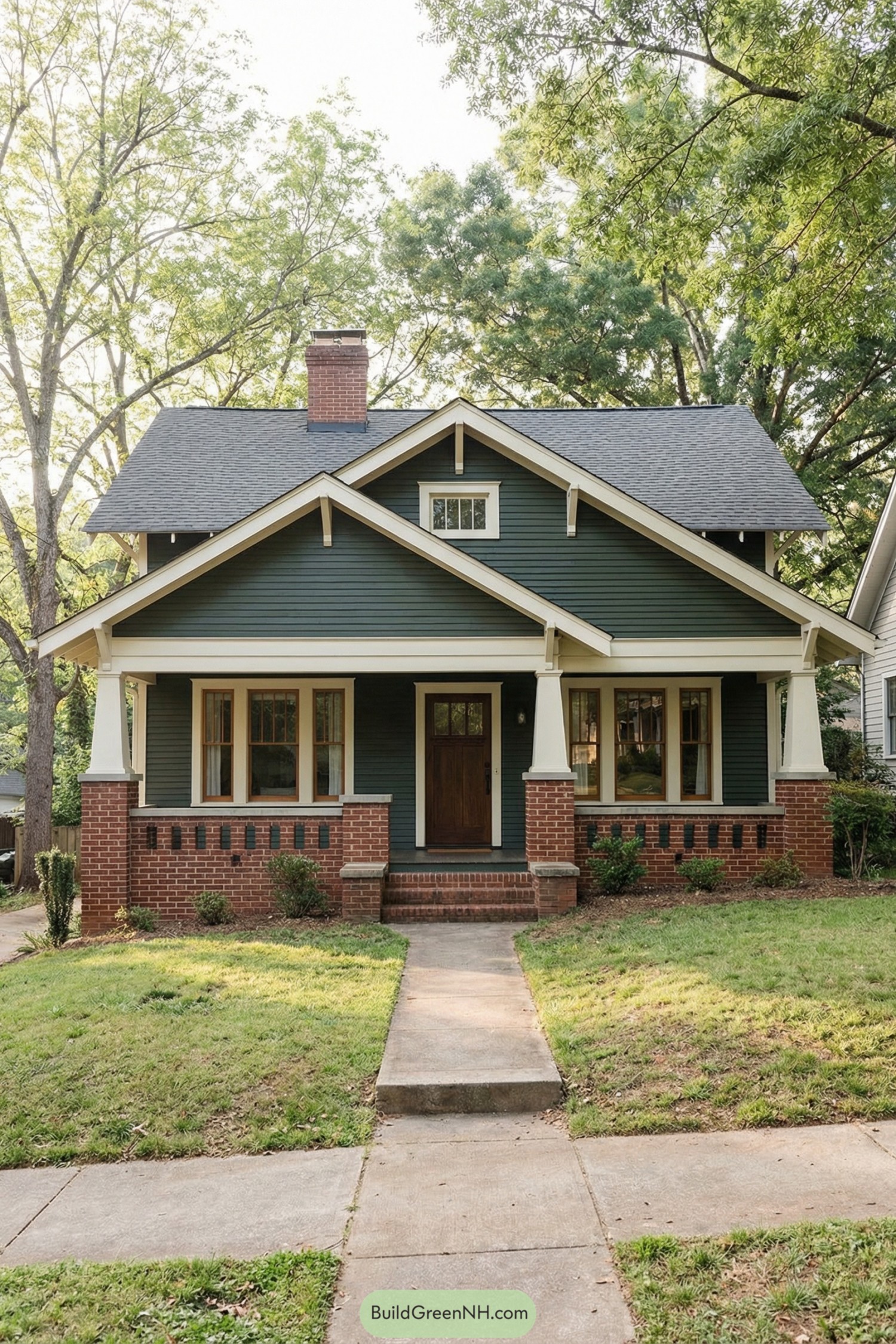 Green craftsman bungalow with brick porch and gabled roof