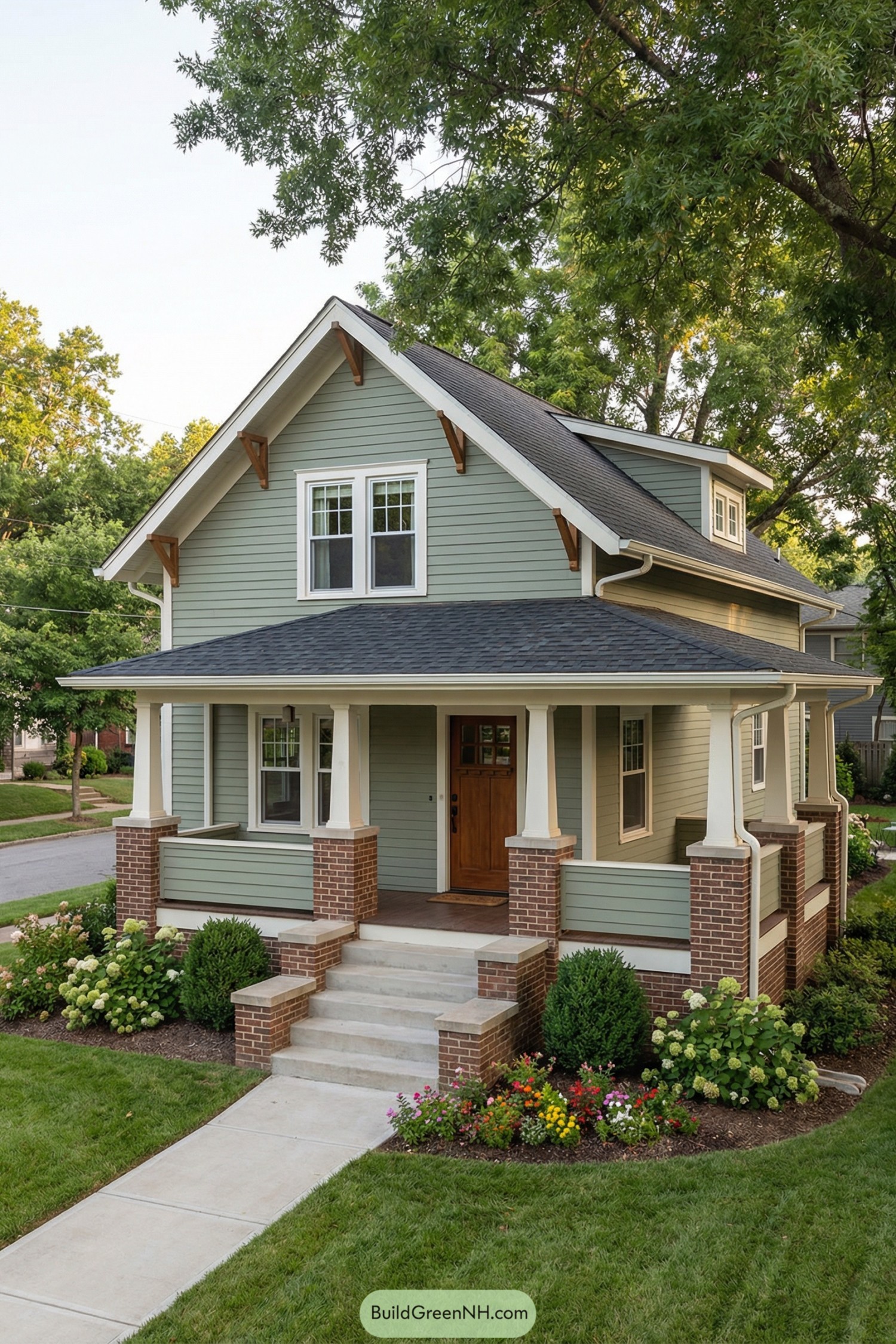 Green craftsman bungalow with wide porch and gabled roof