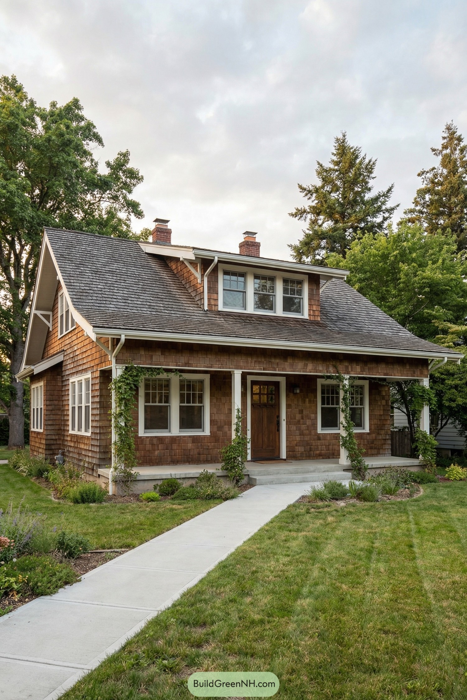 Warm shingled craftsman bungalow with front porch, dormer windows, and simple garden path