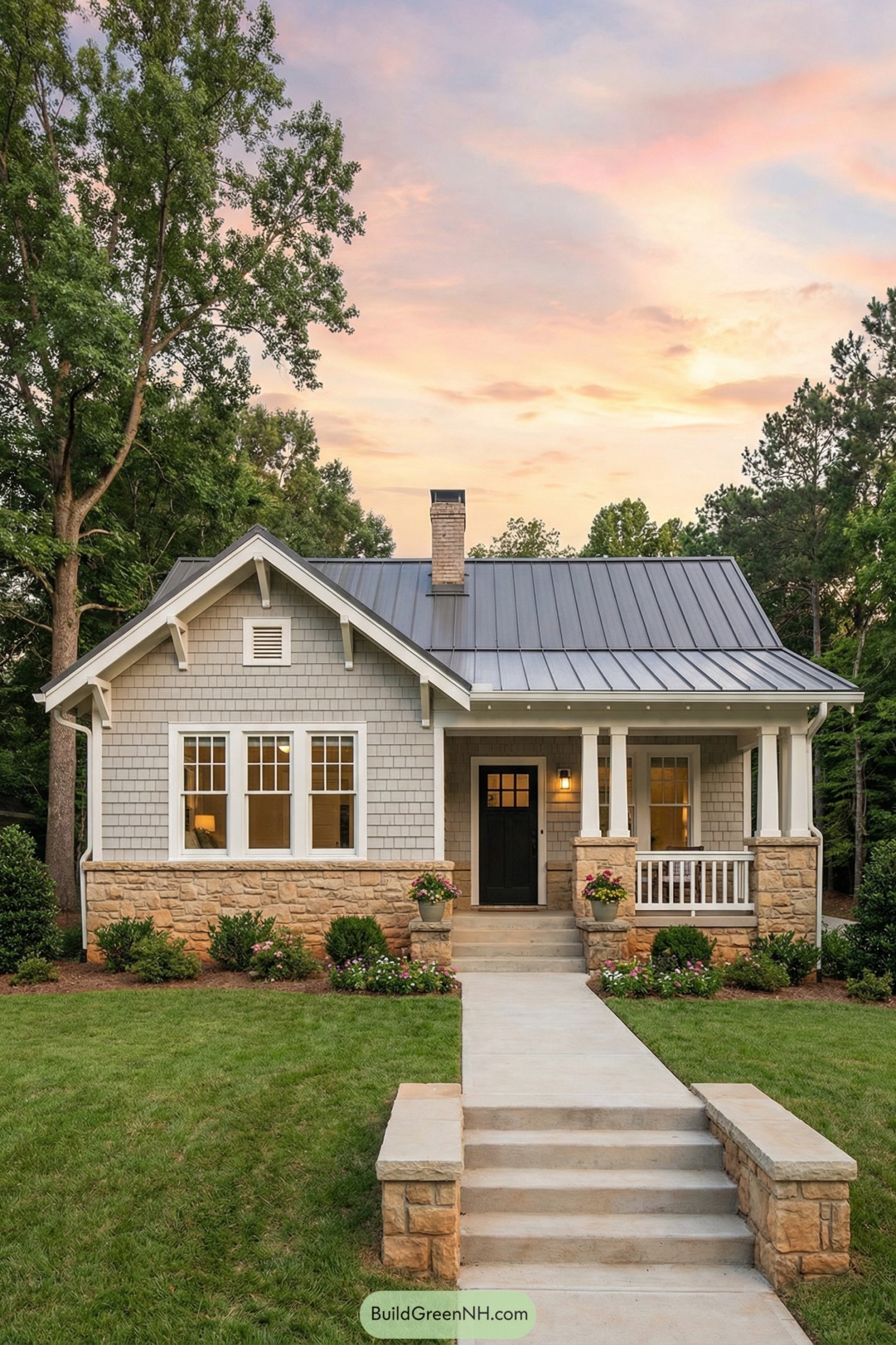 high-res photo of 1920s craftsman bungalow design, facade: one-story front with projecting front gable over left bay and deep recessed porch on right, light gray wood shingle siding above a rough-cut fieldstone foundation and porch walls, simple white trim and exposed rafter tails with triangular knee braces under wide eaves, colors: muted gray siding, warm tan stone, crisp white trim, dark gray standing-seam metal roof, black front door and window sashes, shape of structure: compact rectangular bungalow with low horizontal profile and broad front porch spanning right half of elevation, materials: wood shingles, painted wood trim, fieldstone base and piers, metal roofing, central brick chimney rising behind main ridge, roofing: low-pitched front gable with secondary side gable and shallow shed roof over porch, clean fascia boards and modest overhangs, windows: grouped double-hung wood windows with white casings, three-wide unit centered on front gable wall, small square vent high in gable peak, clear glass panes, doors: centered porch entry with black-painted craftsman door, nine-lite upper sash and solid lower panel, minimal white casing, outdoor area: straight concrete walkway and broad concrete steps flanked by low stone cheek walls leading to porch, sturdy square porch columns on stone piers, simple white balustrade along porch front and right side, landscaping: expansive manicured green lawn in foreground, dense foundation shrubs, pruned small trees, flowering border plants and potted flowers on porch edge, low mixed plant beds wrapping stone base, surrounding background: tall mature trees and dense woodland encircling house, soft colorful sunset sky with pink and orange clouds above roofline, quiet picturesque residential garden setting, single real-life photo, high-resolution, architectural photography, soft lighting, cinematic composition.
