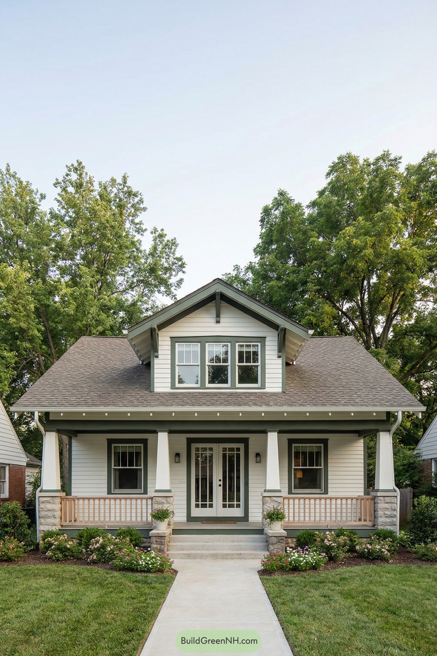 Cozy two story craftsman bungalow with broad front porch, tapered columns, and gabled dormer framed by trees