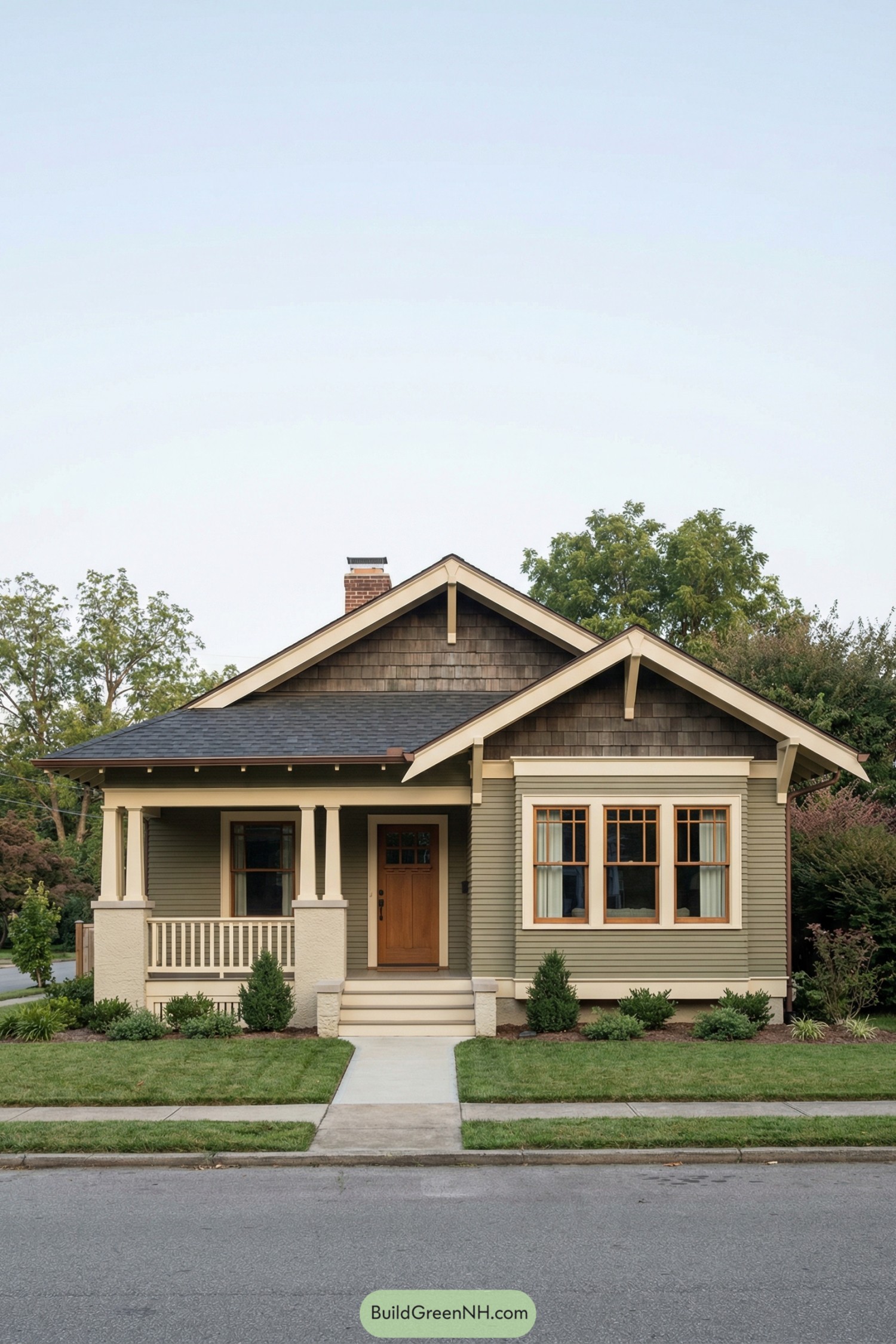 Compact craftsman bungalow with front porch and twin front gables