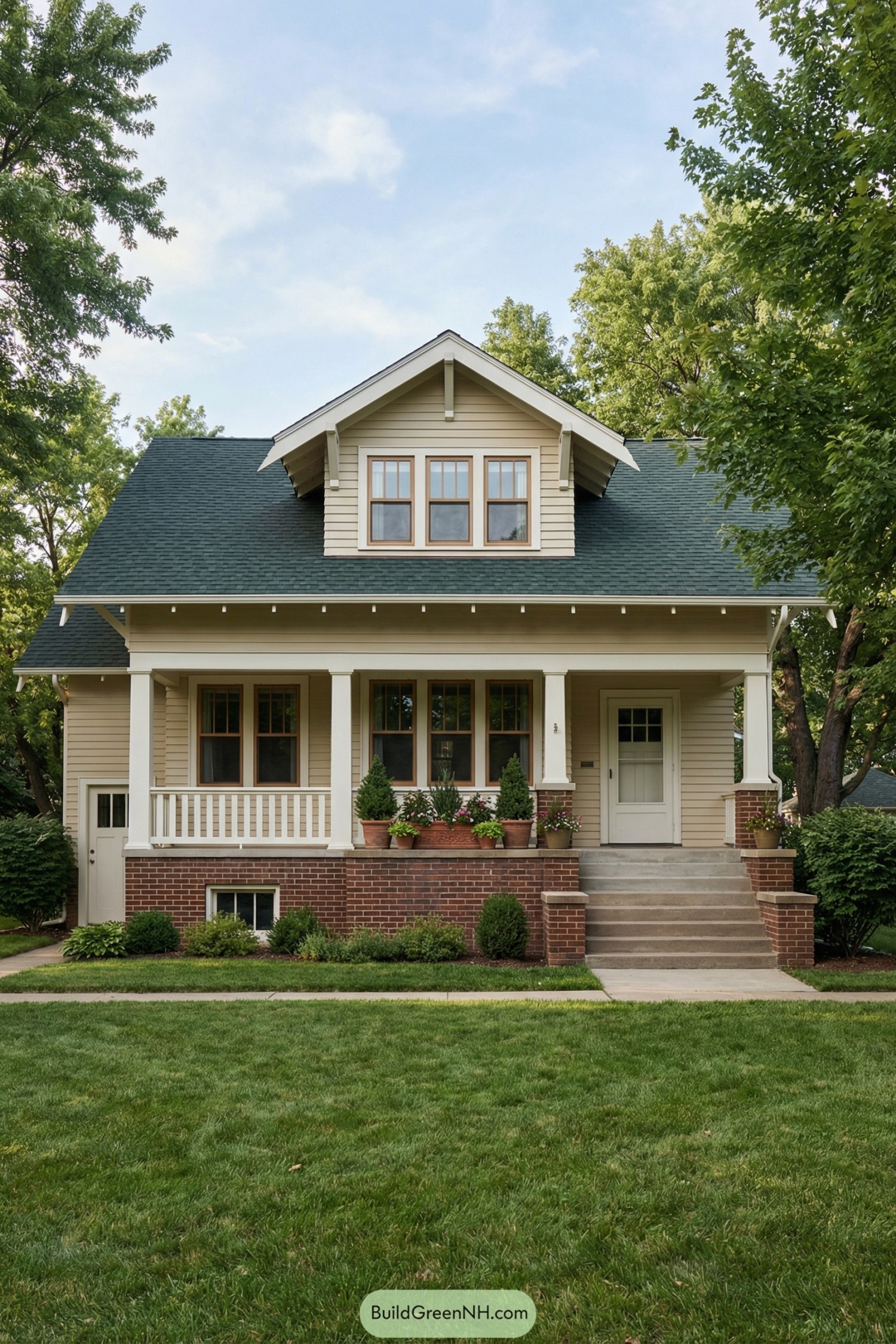 Compact craftsman bungalow with front porch, brick base, and central dormer