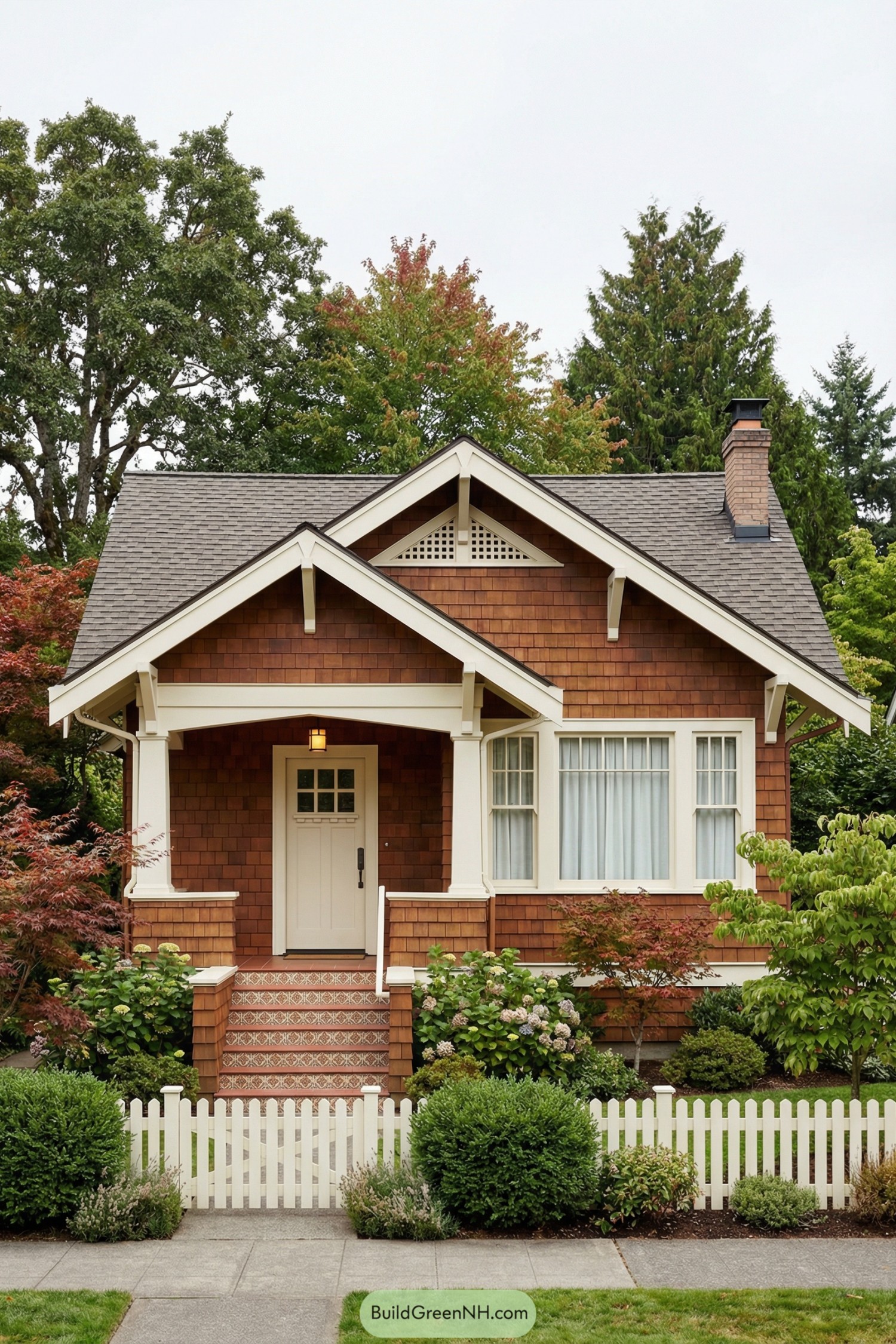 Small brown shingle craftsman bungalow with a cozy front porch and white picket fence