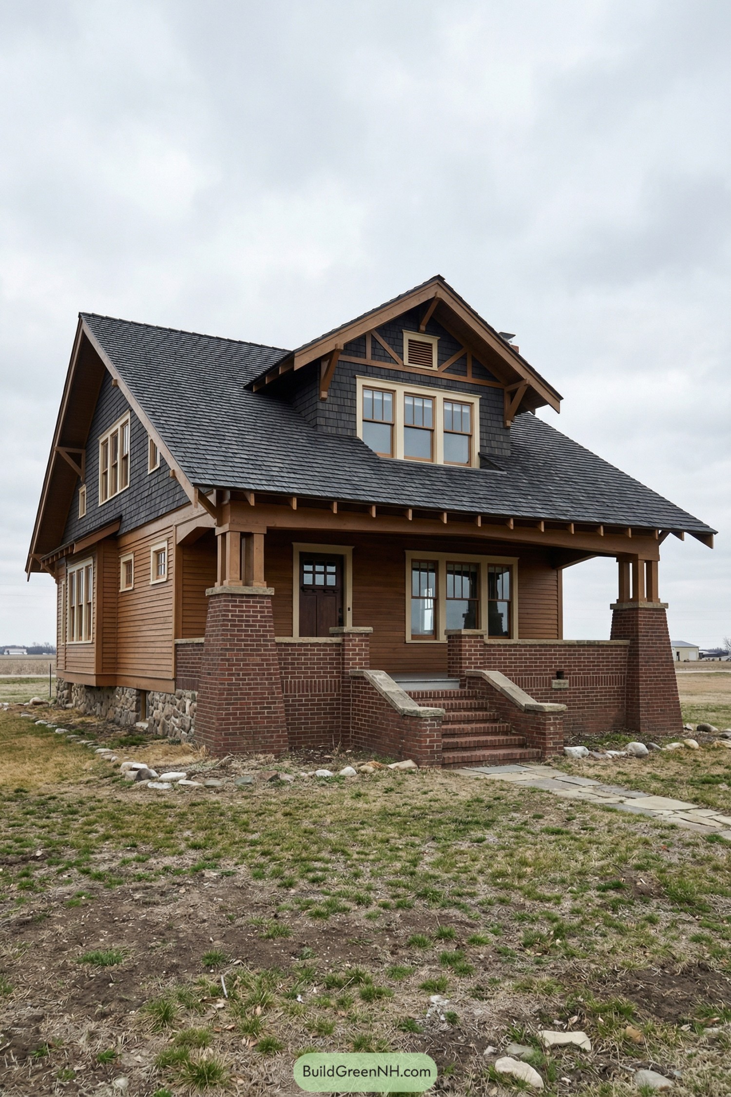 Warm wood sided craftsman bungalow with broad shingled roof and brick porch piers on an open lot
