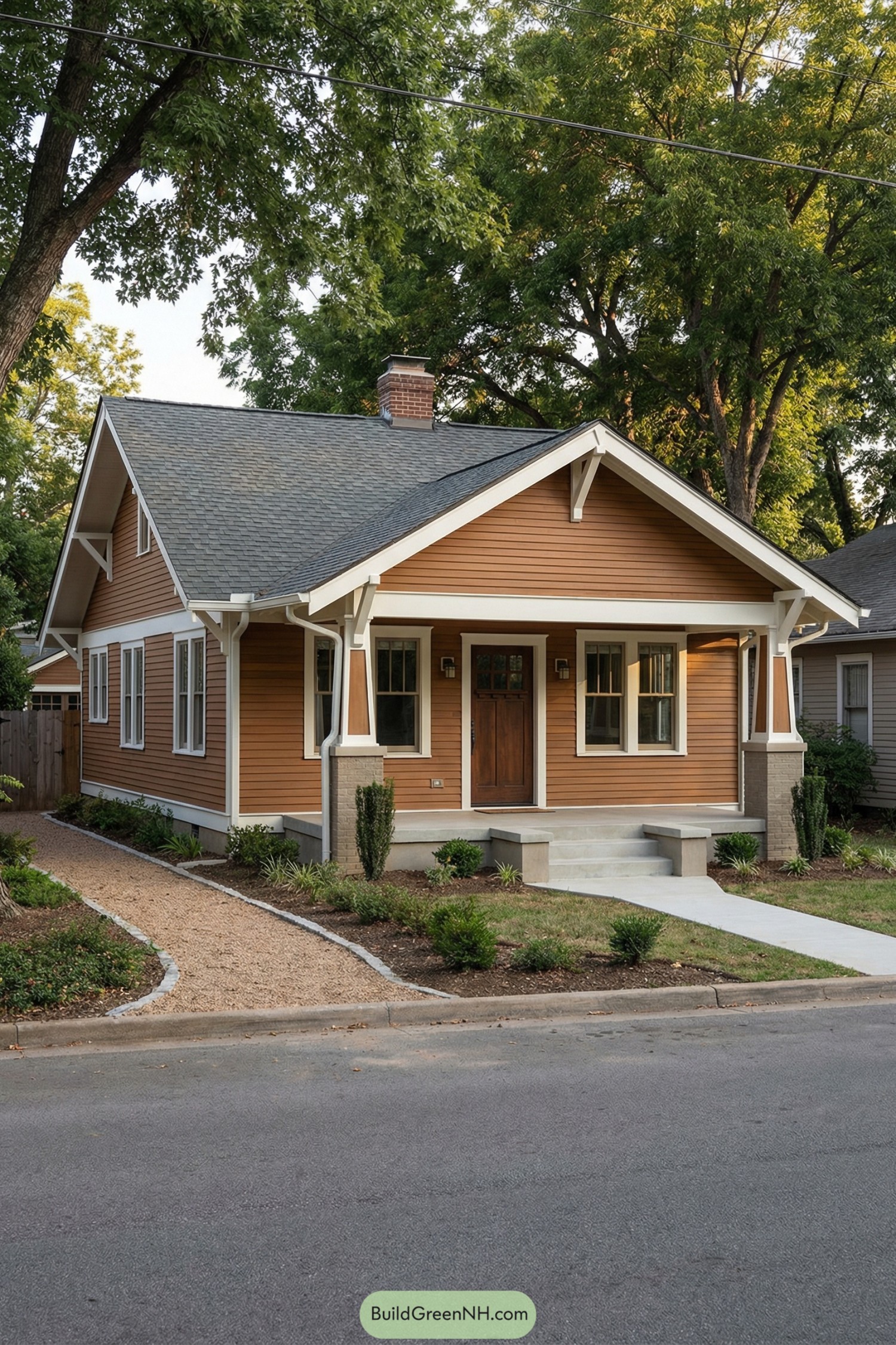 Warm brown craftsman bungalow with front porch and simple landscaped yard