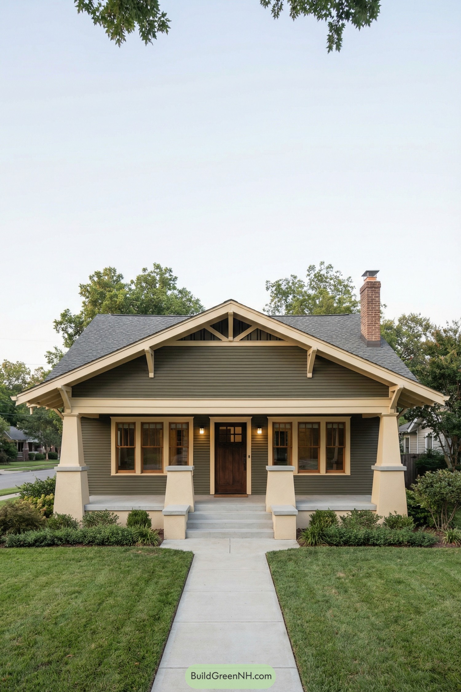 Cozy green craftsman bungalow with wide front porch and tapered columns