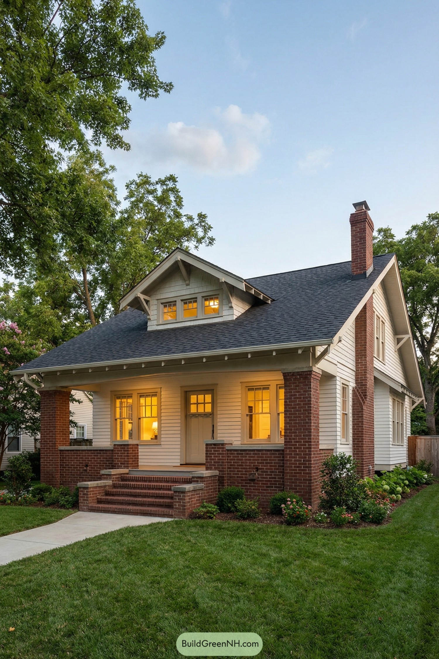 Warm craftsman bungalow with brick porch and dormer