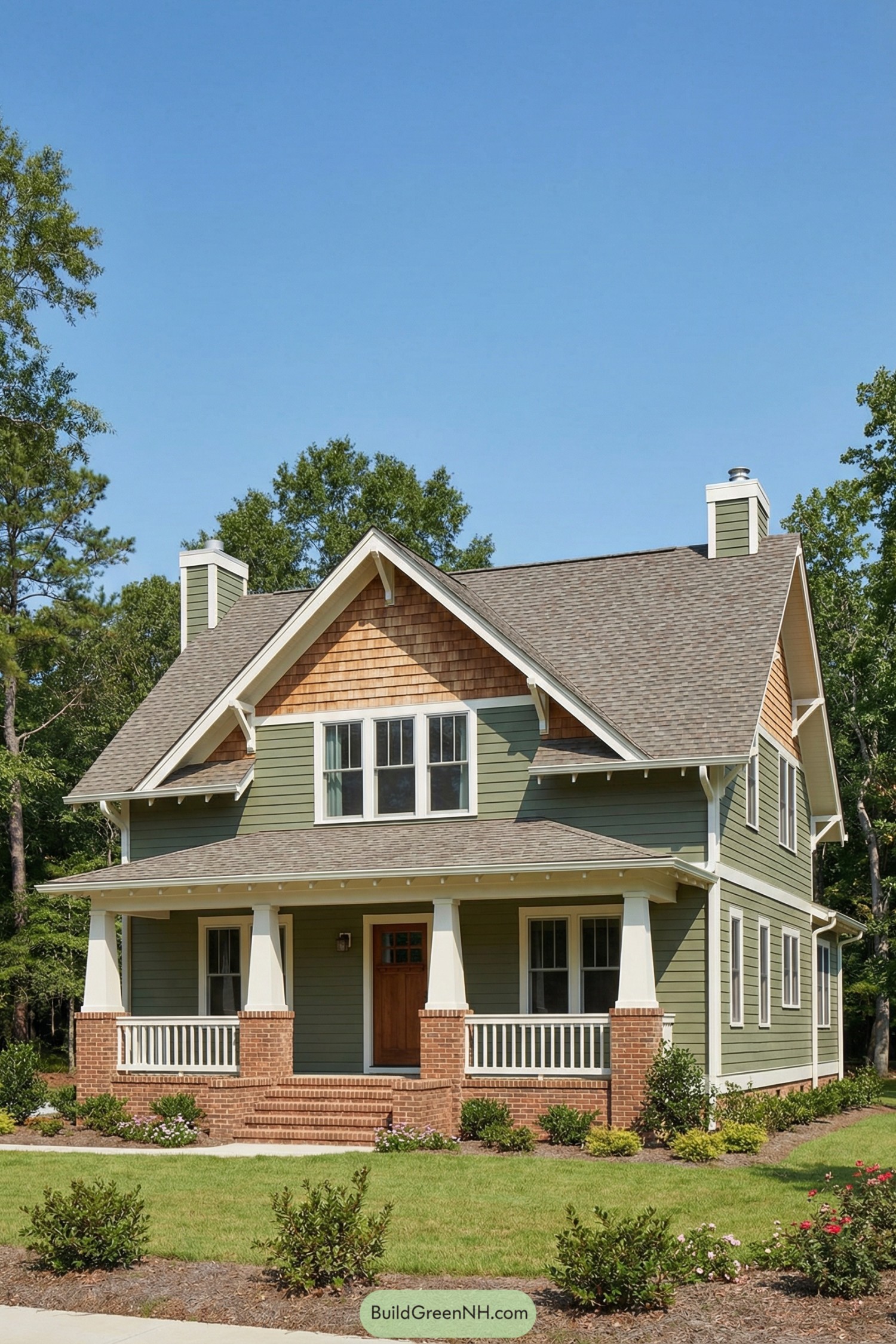Green craftsman bungalow with brick porch and broad front gable