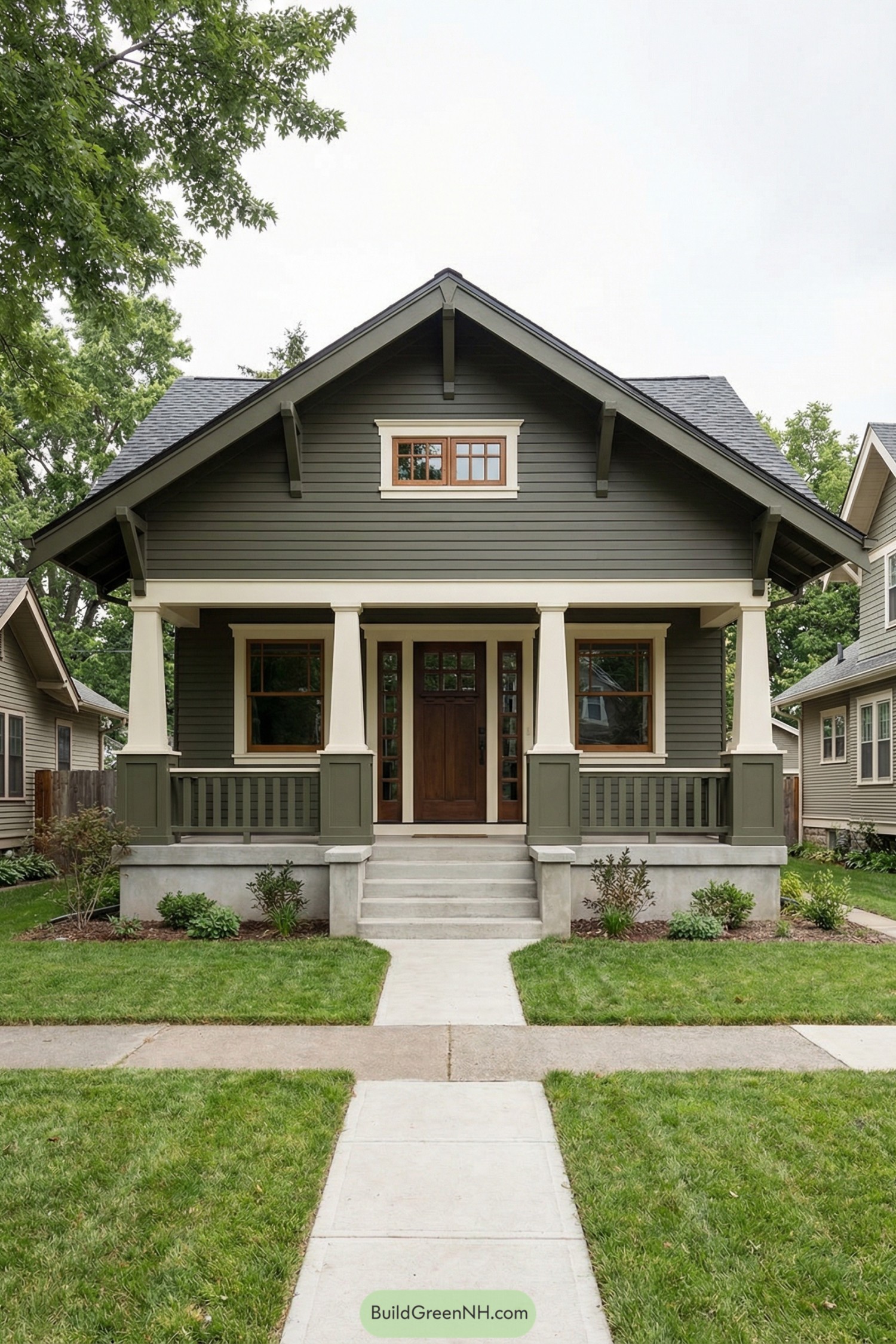 Green craftsman bungalow with front porch