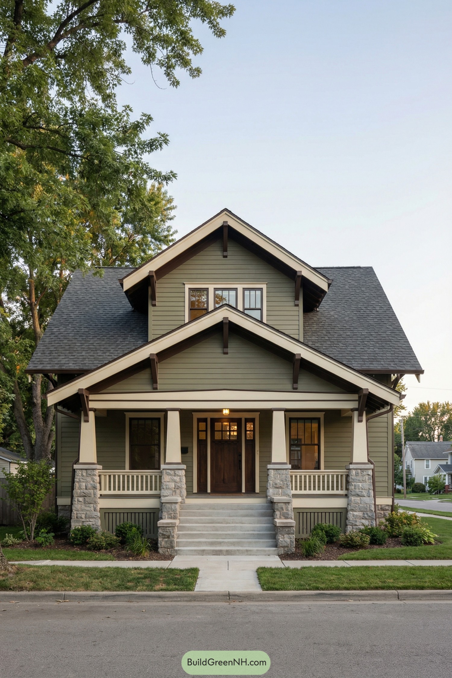 Green craftsman bungalow with broad porch and stone columns