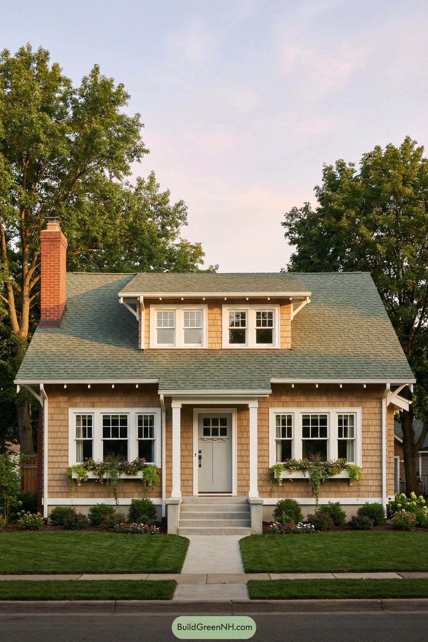 Warm shingled craftsman bungalow with front dormer, porch, and flower-filled window boxes