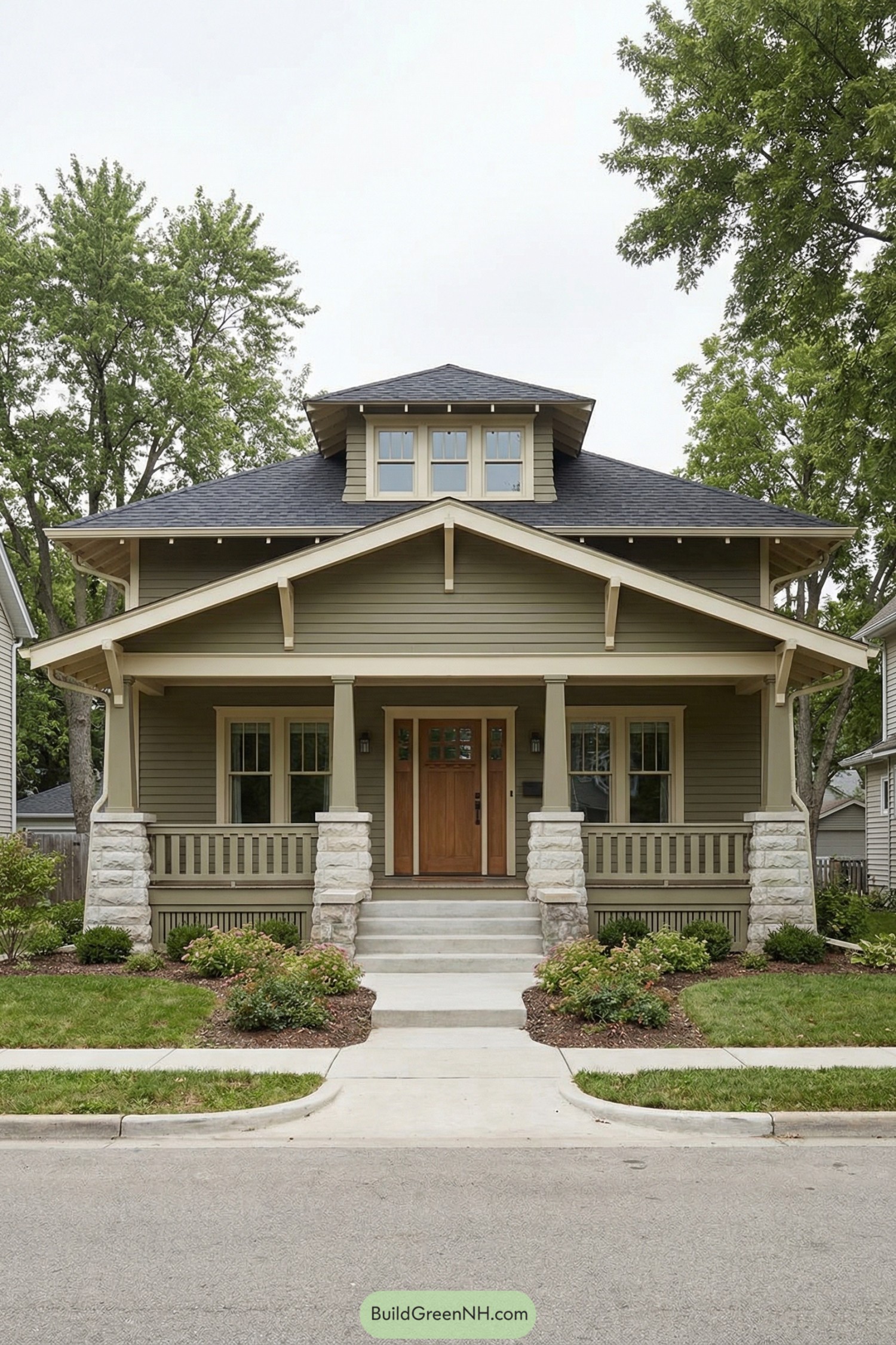 Classic craftsman bungalow with broad front porch, tapered stone columns, and central dormer