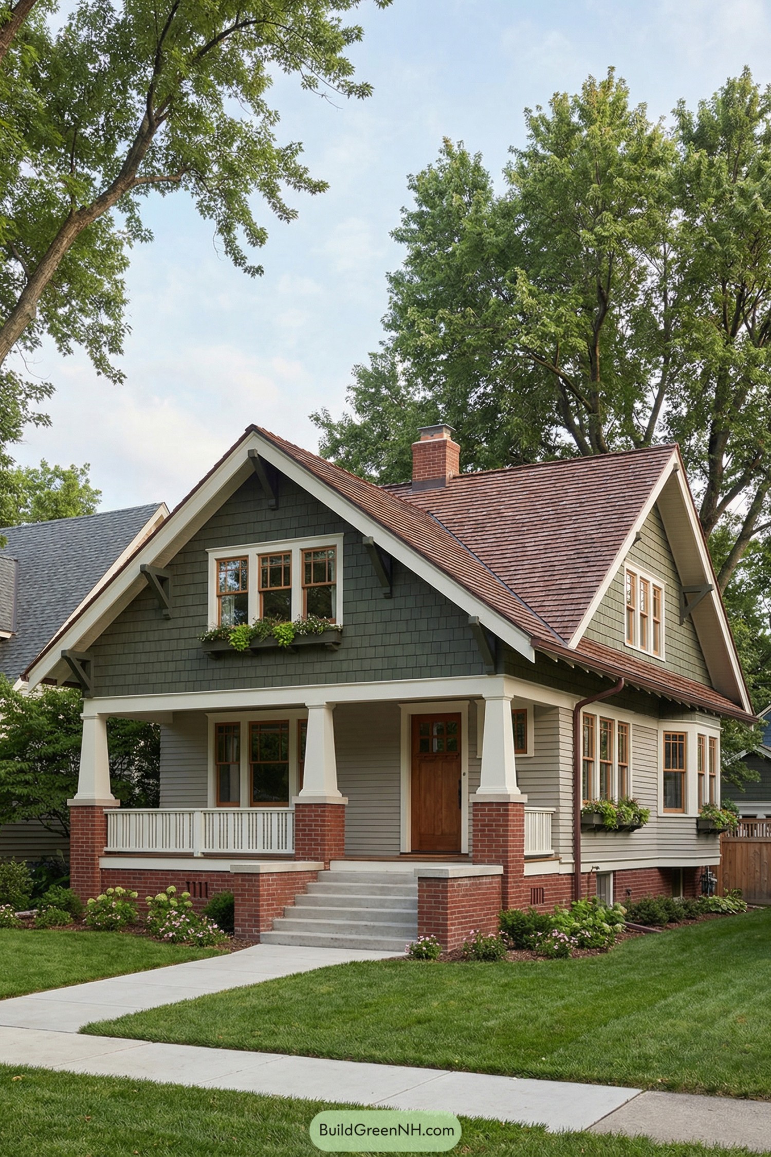 Charming two story craftsman bungalow with broad porch brick base and green siding under a steep gable roof