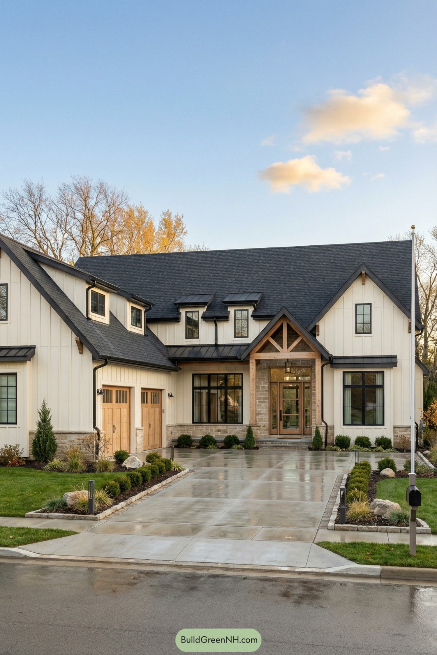 Two story modern farmhouse with black gable roof, white board and batten siding, warm wood accents, and a front driveway leading to a double garage