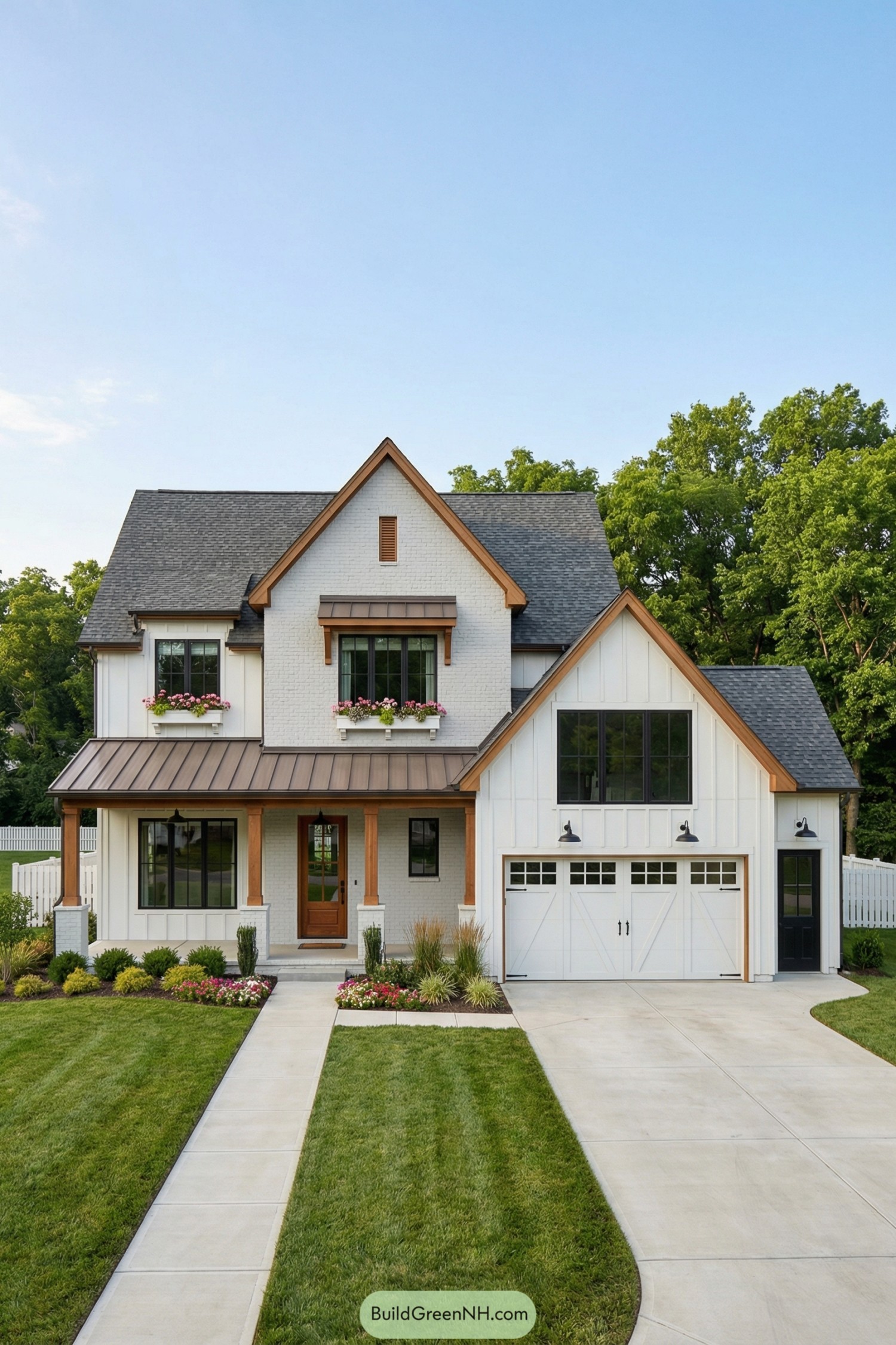 Two story modern farmhouse with white siding, copper metal accents, and attached garage facing a manicured front lawn. Black framed windows, window boxes with flowers, and a covered front porch complete the welcoming exterior