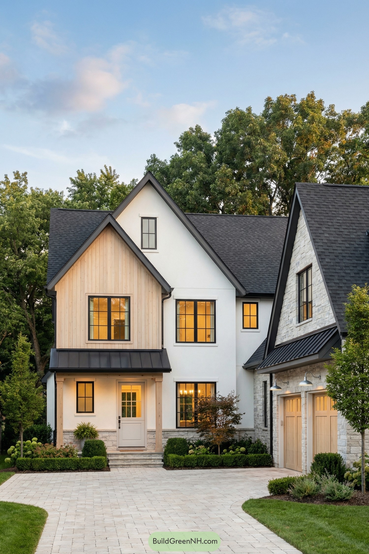 Two story modern farmhouse with black roof, white walls, light wood accents, and attached three car garage