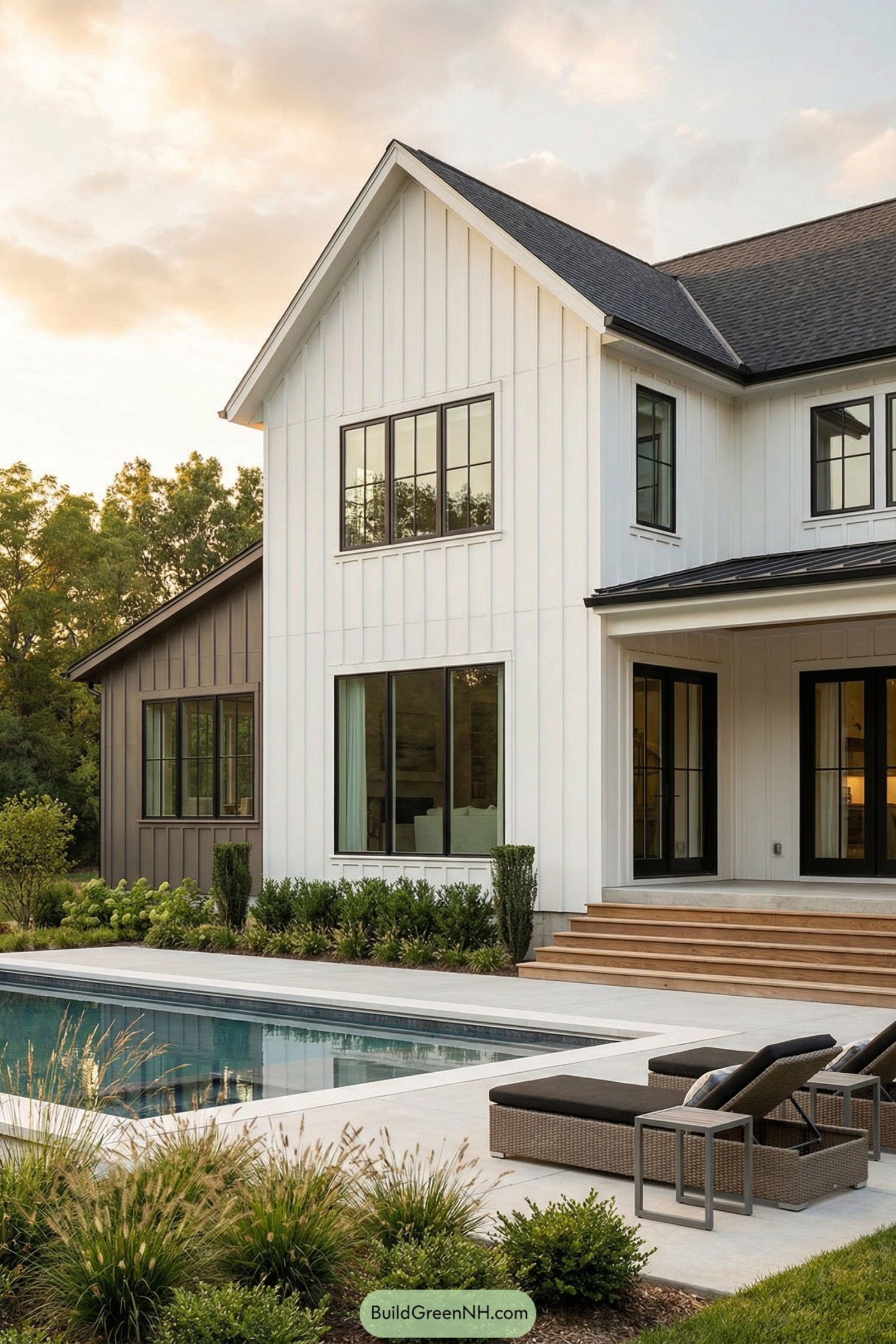 White and taupe two story modern farmhouse with black framed windows overlooking a backyard pool and lounge area