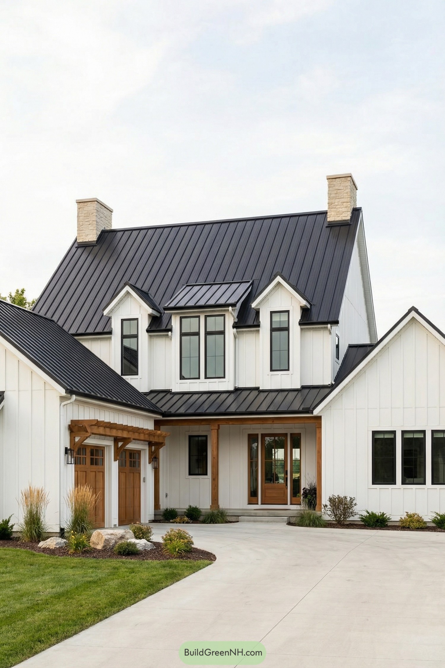 White board and batten two story farmhouse with black metal roof and warm wood accents at entry and garage