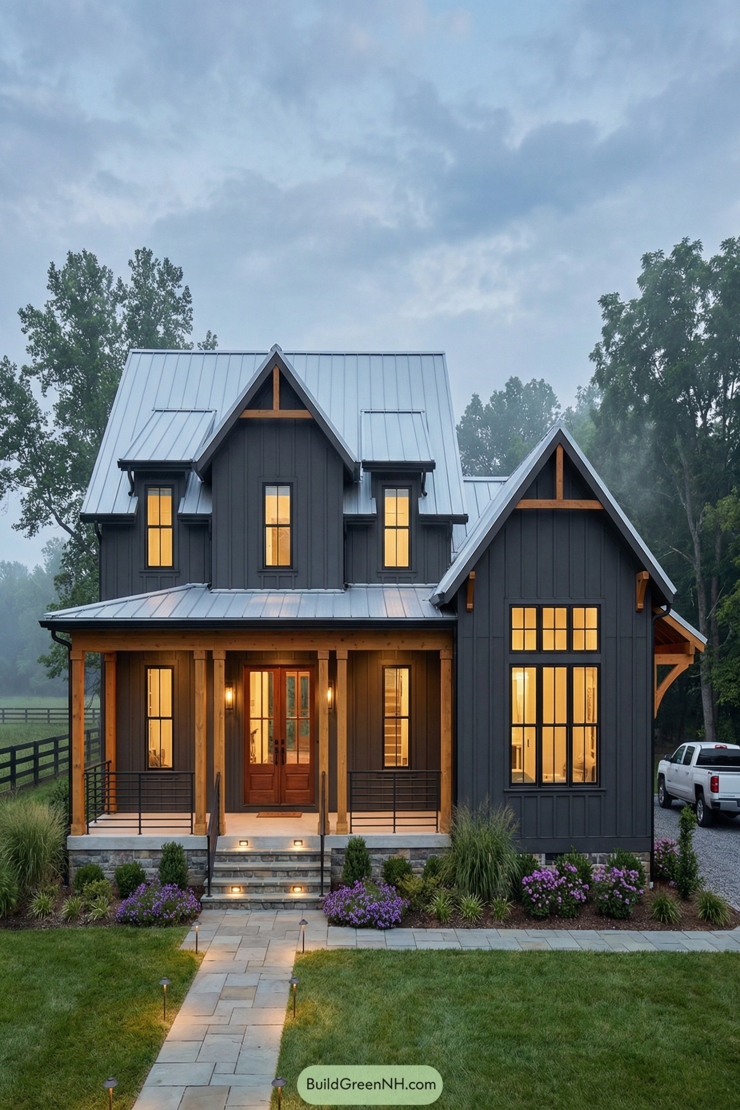 Dark gray two story farmhouse with warm wood accents and metal roof at dusk