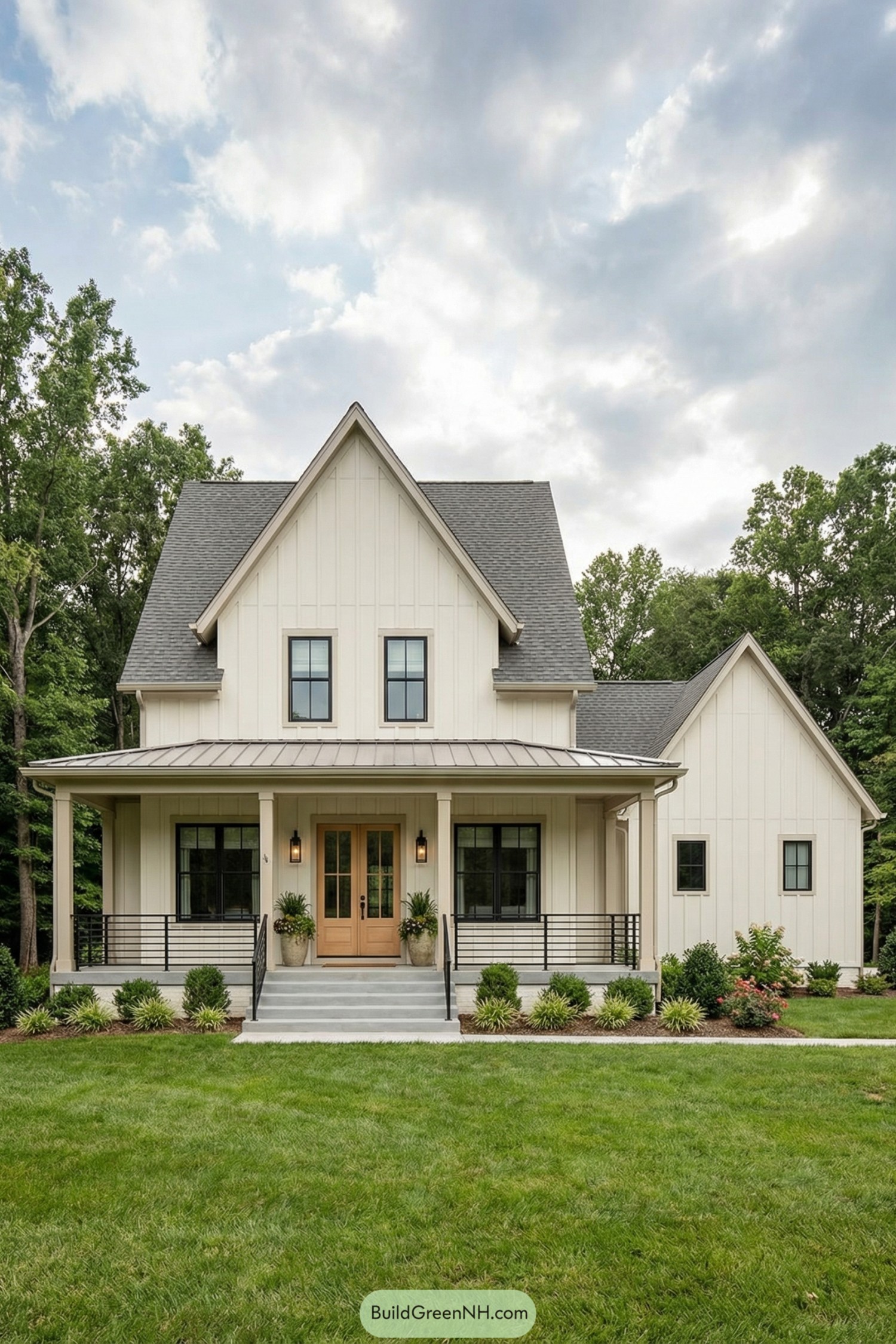 Two story cream board and batten farmhouse with steep gables and welcoming front porch