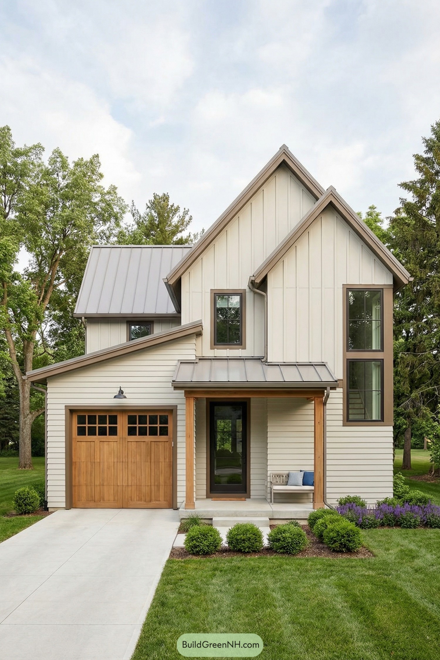 Two-story modern farmhouse with metal roof and warm wood accents