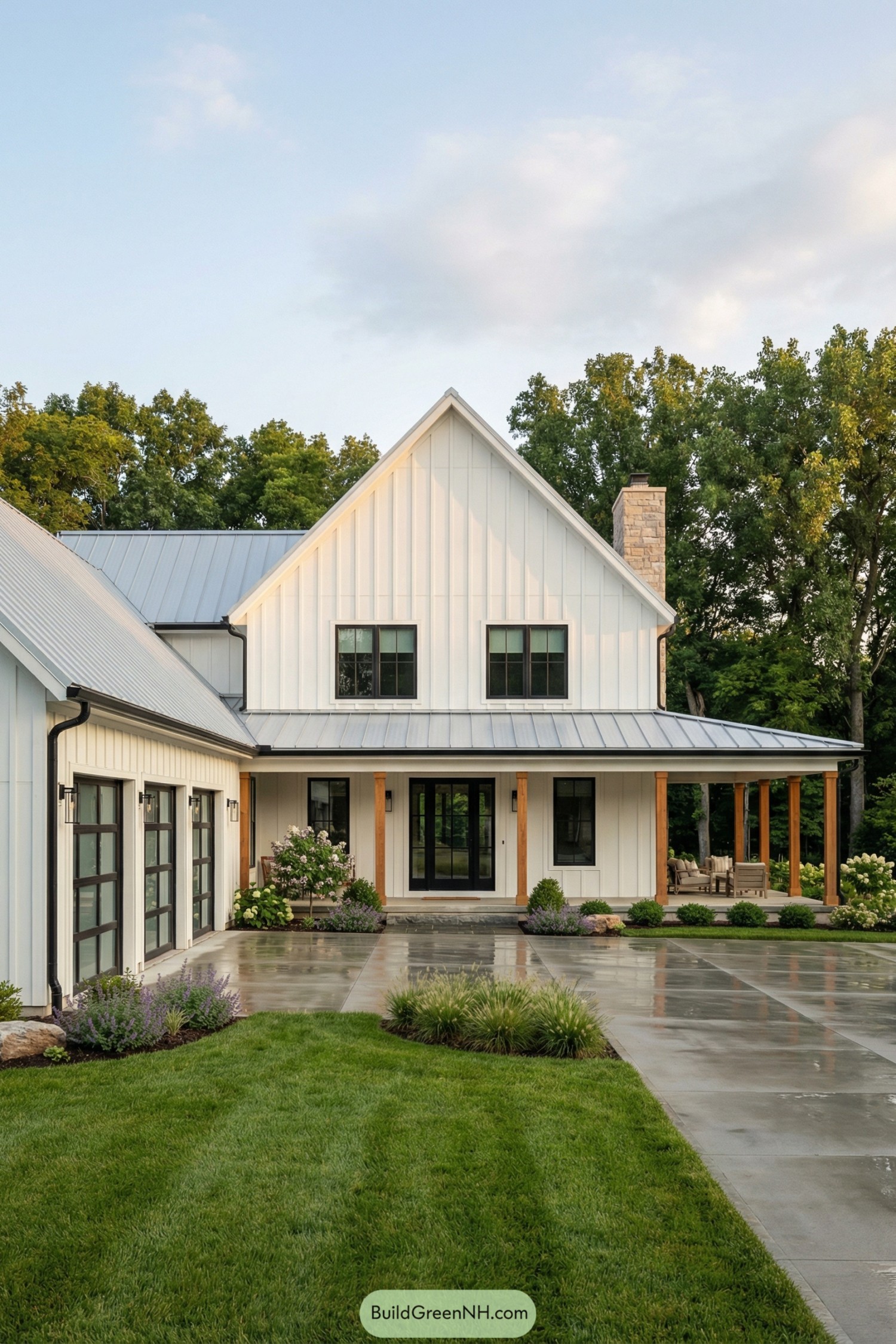 White two story modern farmhouse with metal roofs a welcoming front porch and attached three car garage framed by fresh landscaping