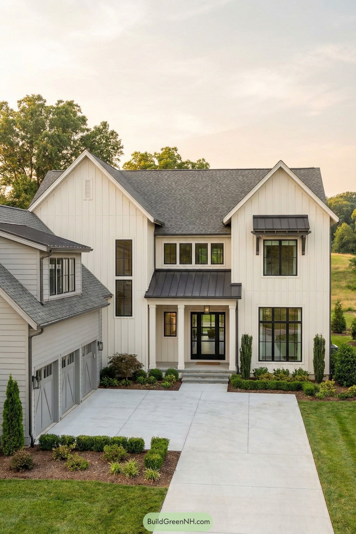 Two story white modern farmhouse with black framed windows, metal awnings, and attached three car garage facing a wide concrete driveway