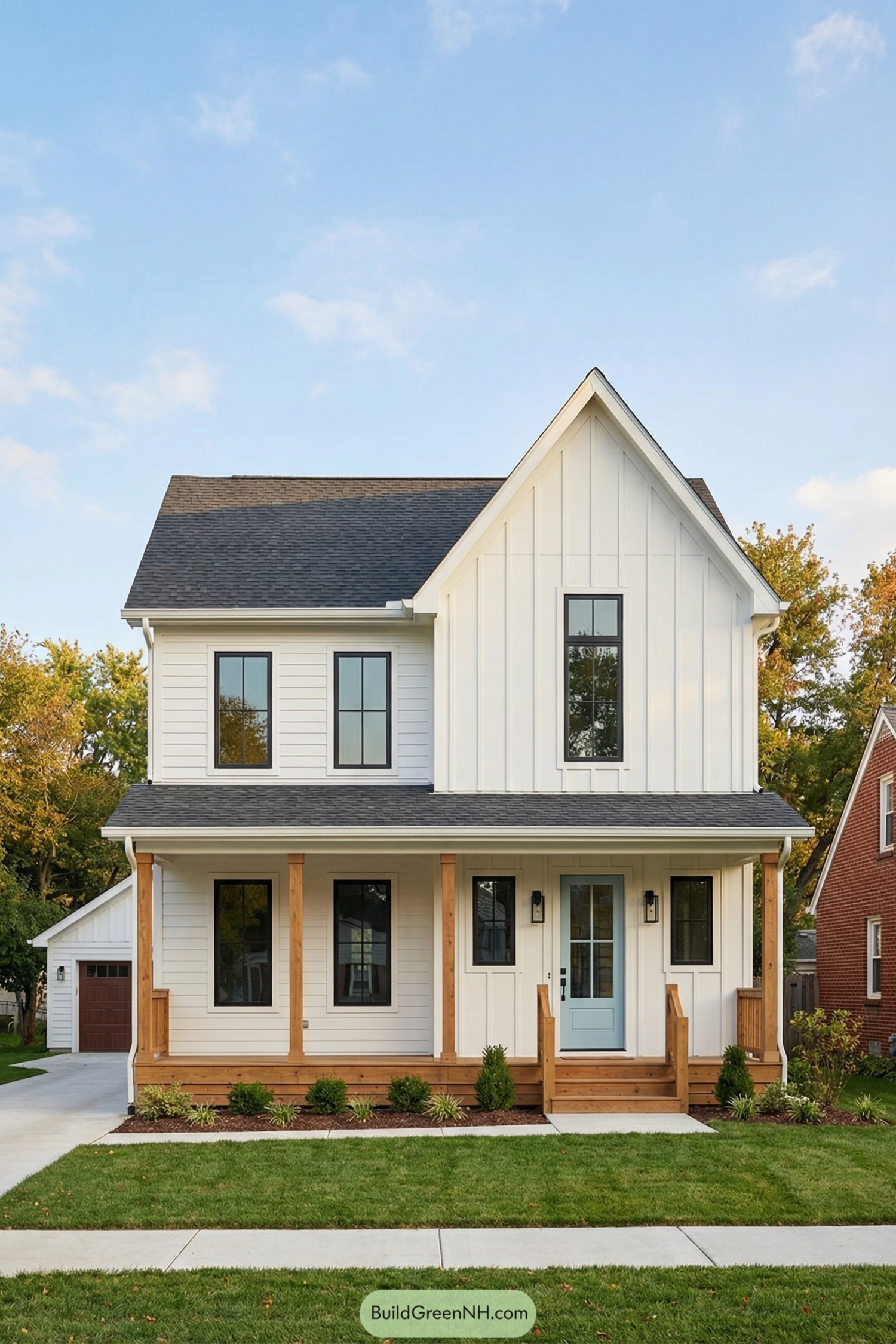 White two story modern farmhouse with wood porch posts and tall black framed windows