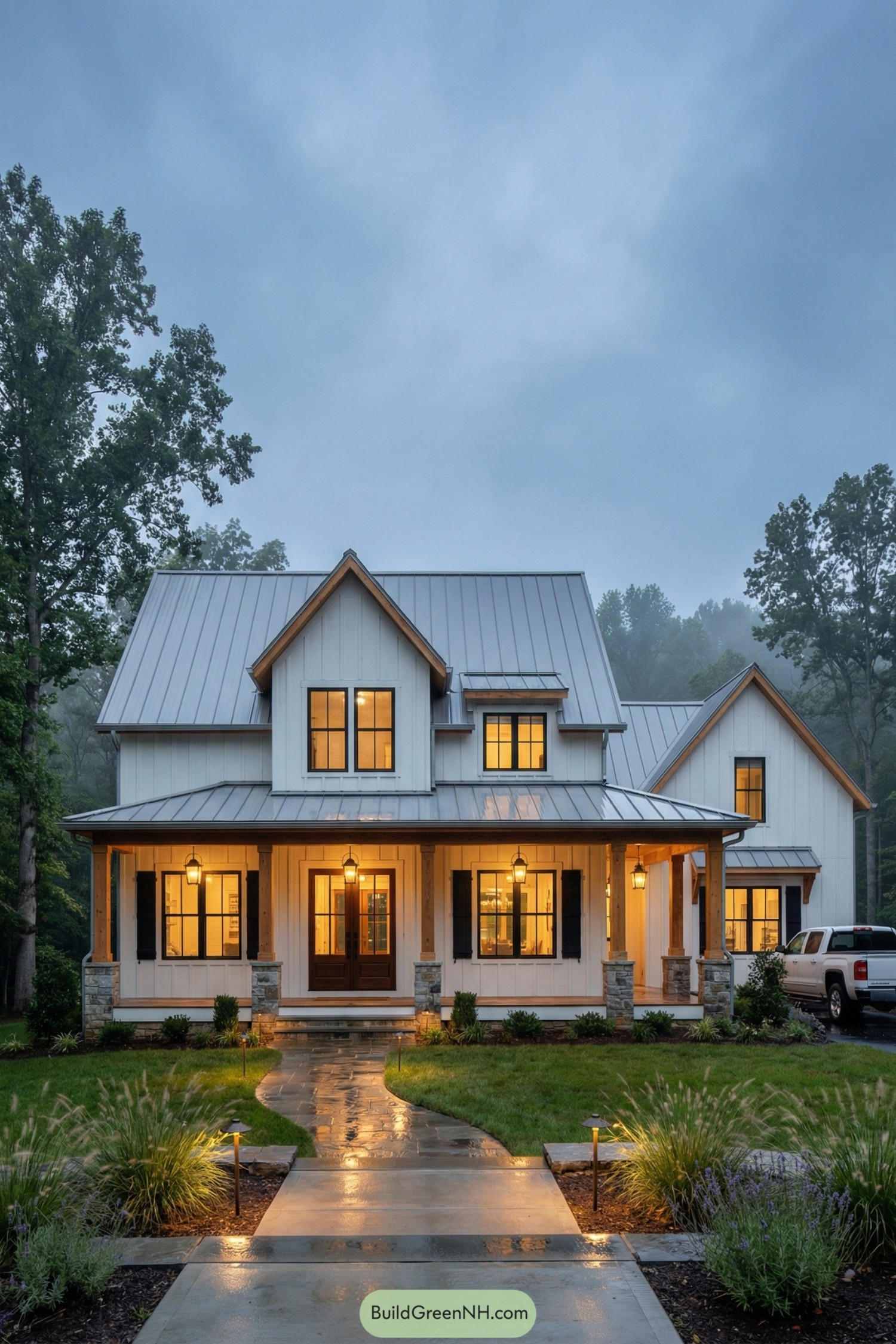 high-res photo of 2 story modern farmhouse, symmetrical front facade with central 2-story gabled volume and lower side gabled wing to the right, clean modern-farmhouse lines, generous full-width front porch. White vertical board-and-batten siding with warm natural wood trim and columns, black metal accents, black window frames, light gray concrete foundation. Compact rectangular main mass with moderately steep gable roofs, right wing slightly recessed and lower, deep overhangs with exposed rafter tails. Standing-seam metal roofing in matte silver-gray, simple gable forms, small shed dormer roof over porch, minimal gutters. Large, evenly spaced rectangular windows, black frames, divided upper panes, paired windows in the gables, smaller loft windows on the second story, black shutters on selected lower windows. Central double front door in dark wood with large glass panes, black hardware, transom window above, side doors on the wing less prominent but matching in style. Deep covered front porch with metal roof, thick square wood posts on stone bases, simple black metal railings, wide concrete steps leading up from the walk, hanging black lantern sconces, small potted plants flanking the entry. Curved stone or concrete front walkway with in-ground path lights, low ornamental grasses and lavender-like flowering plants along the porch and walk, neatly edged planting beds with mixed perennials, manicured green lawn in foreground. Mature deciduous trees framing the house on both sides, soft misty woodland background, distant fence line to the left, parked white pickup truck near the right wing, overcast early-evening sky with subtle blue-gray clouds, warm interior and exterior lights glowing, slight reflections on the wet path for a cinematic look. single real-life photo, high-resolution, architectural photography, soft lighting, cinematic composition.