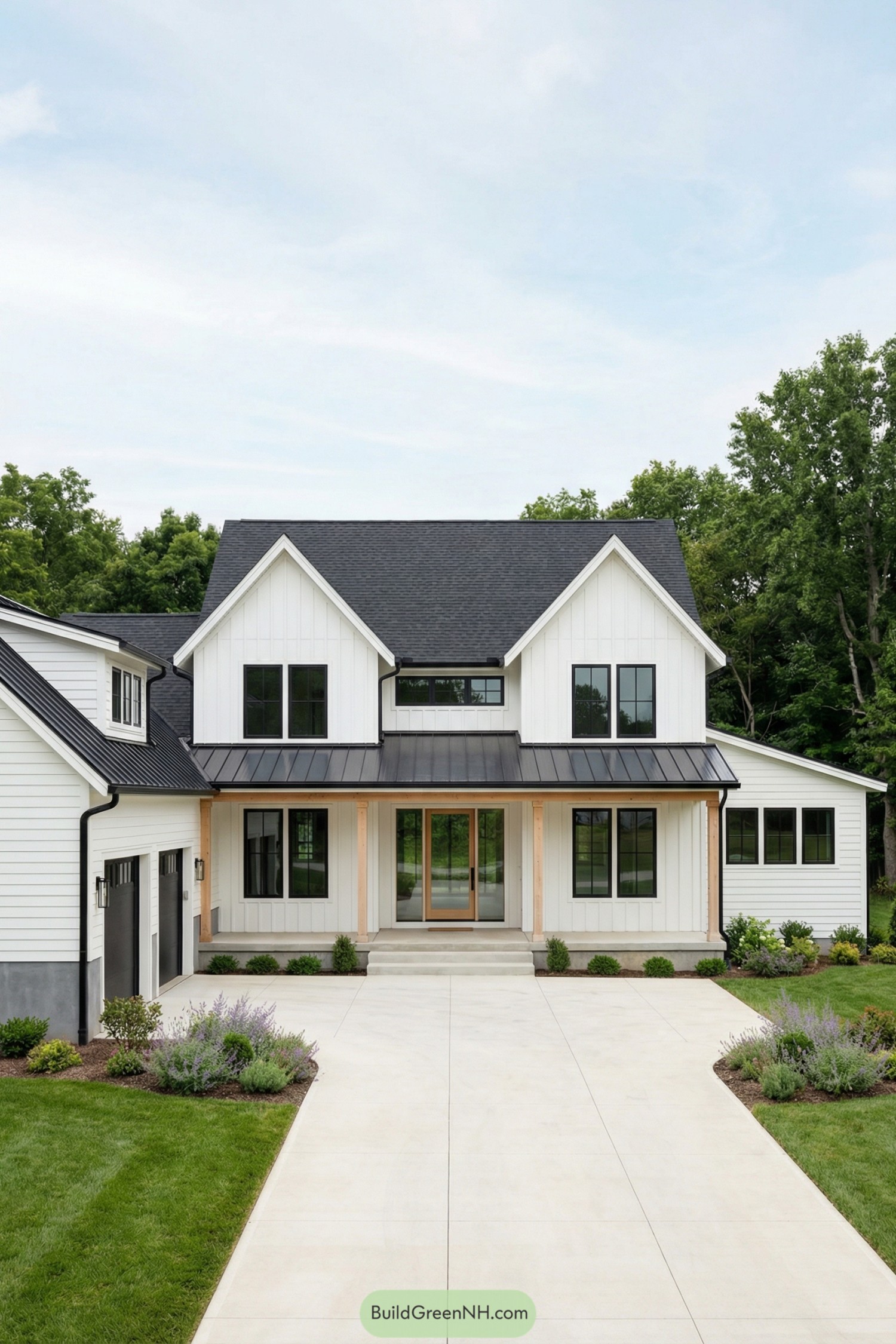 White two story modern farmhouse with black roof and wide driveway