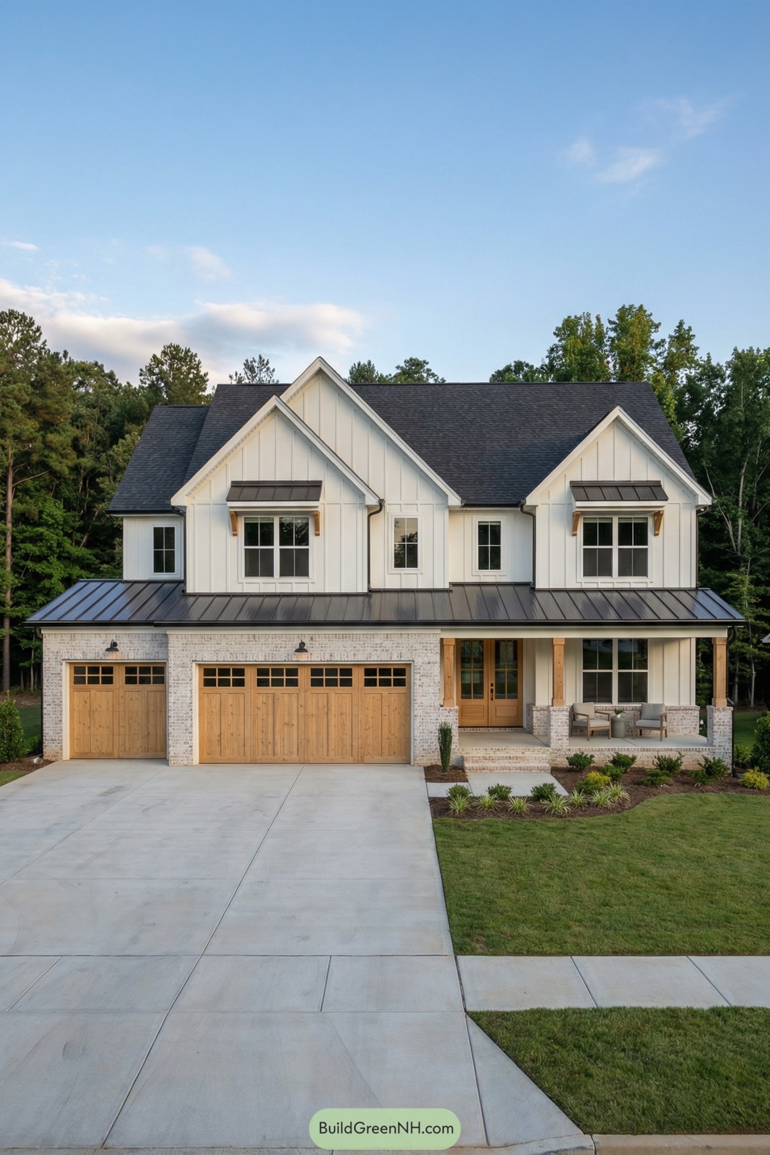 White two story modern farmhouse with three wooden garage doors and covered front porch