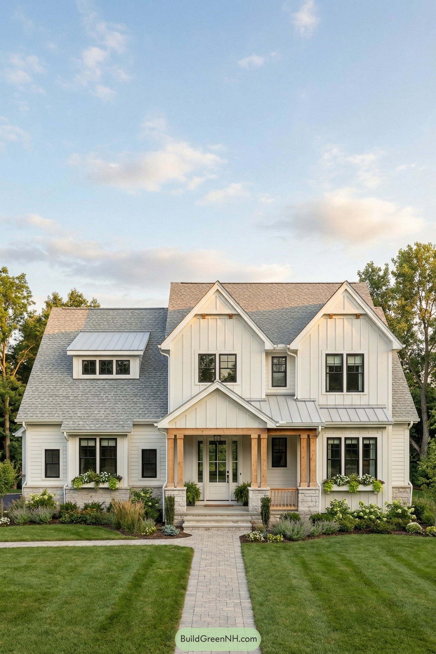 White two story modern farmhouse with gabled roof and wood trimmed front porch surrounded by manicured lawn and plantings