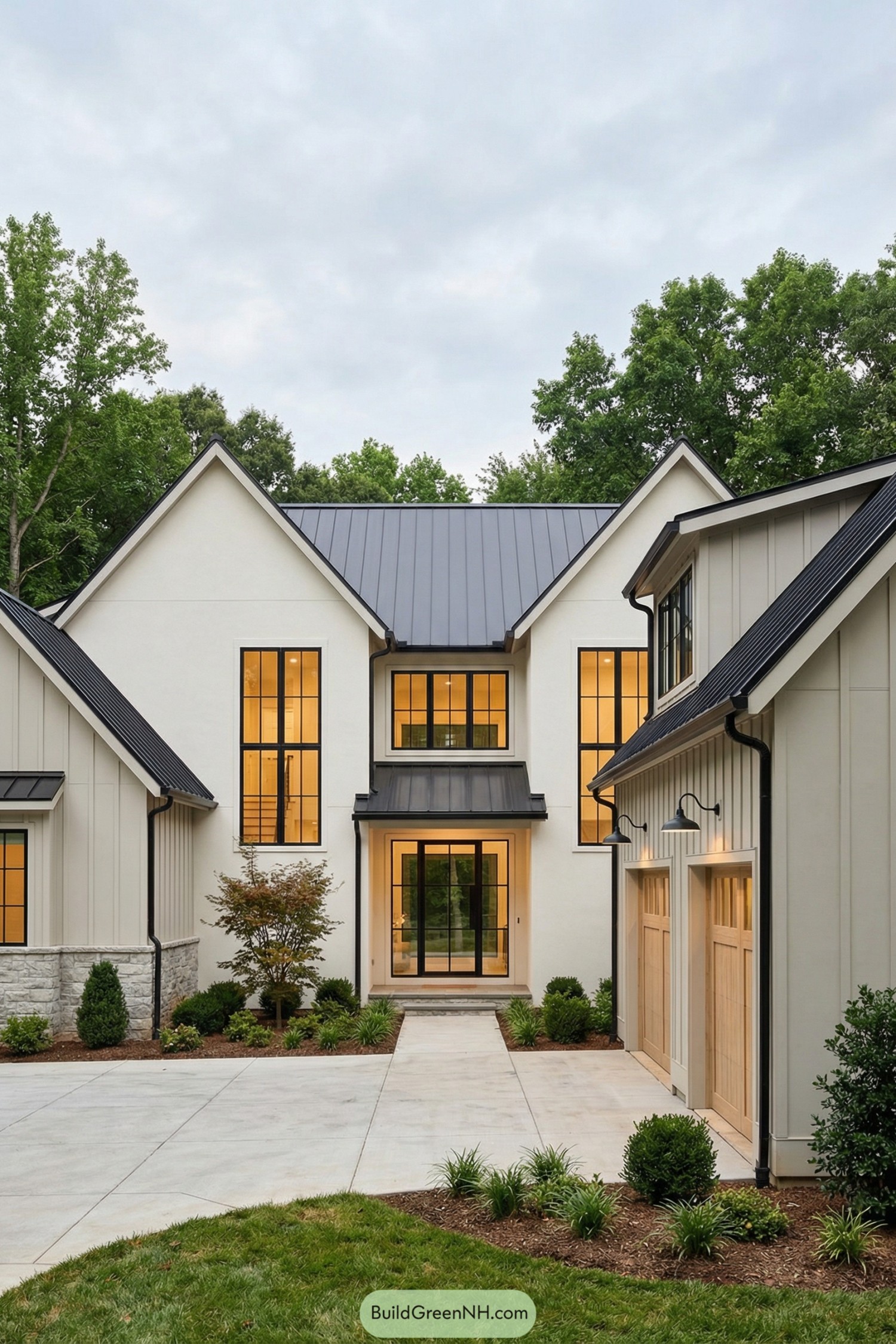 Modern two story farmhouse with black metal roof large vertical windows and light toned siding surrounding a simple front courtyard