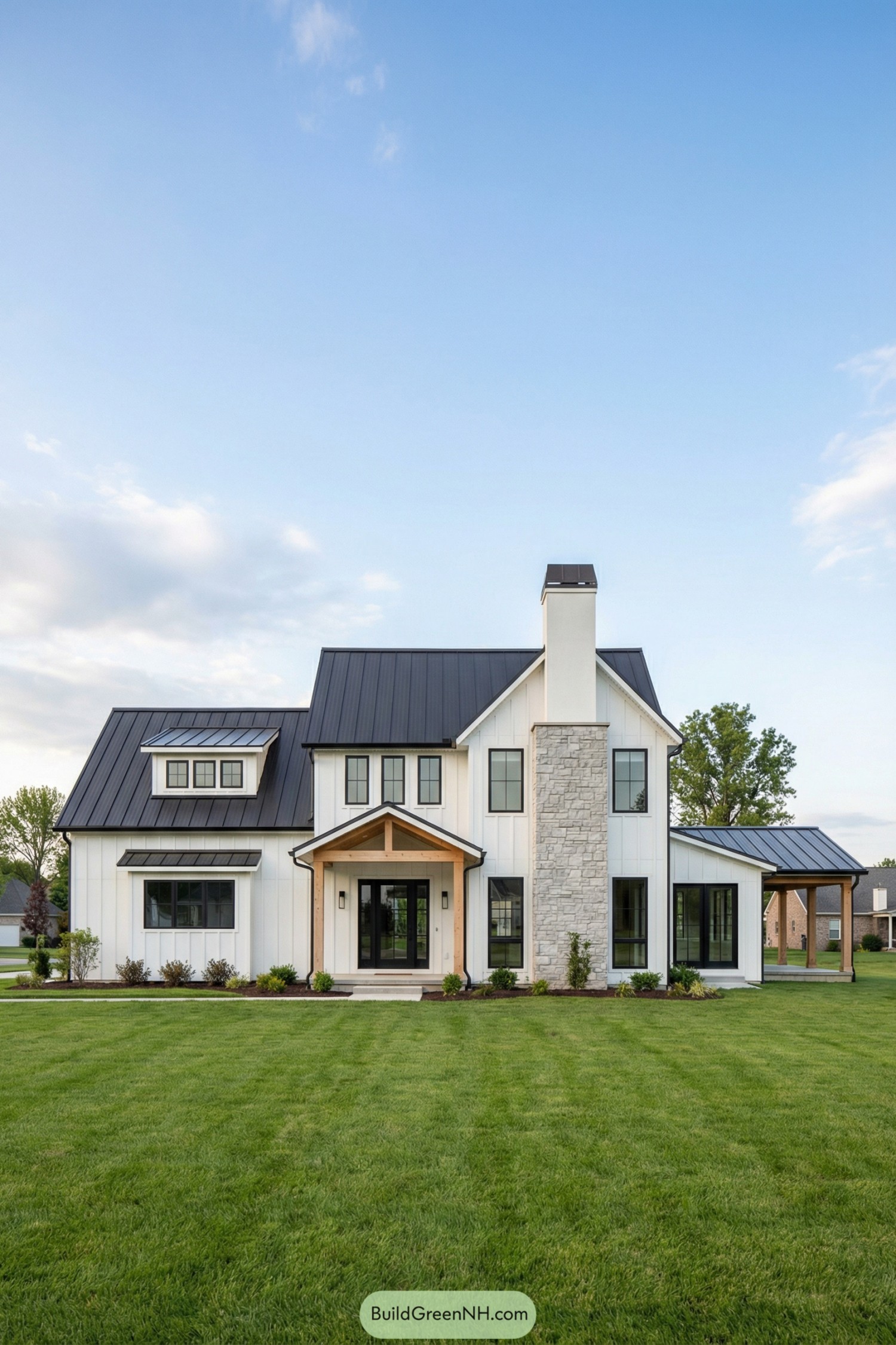 White two story modern farmhouse with black metal roof and stone chimney