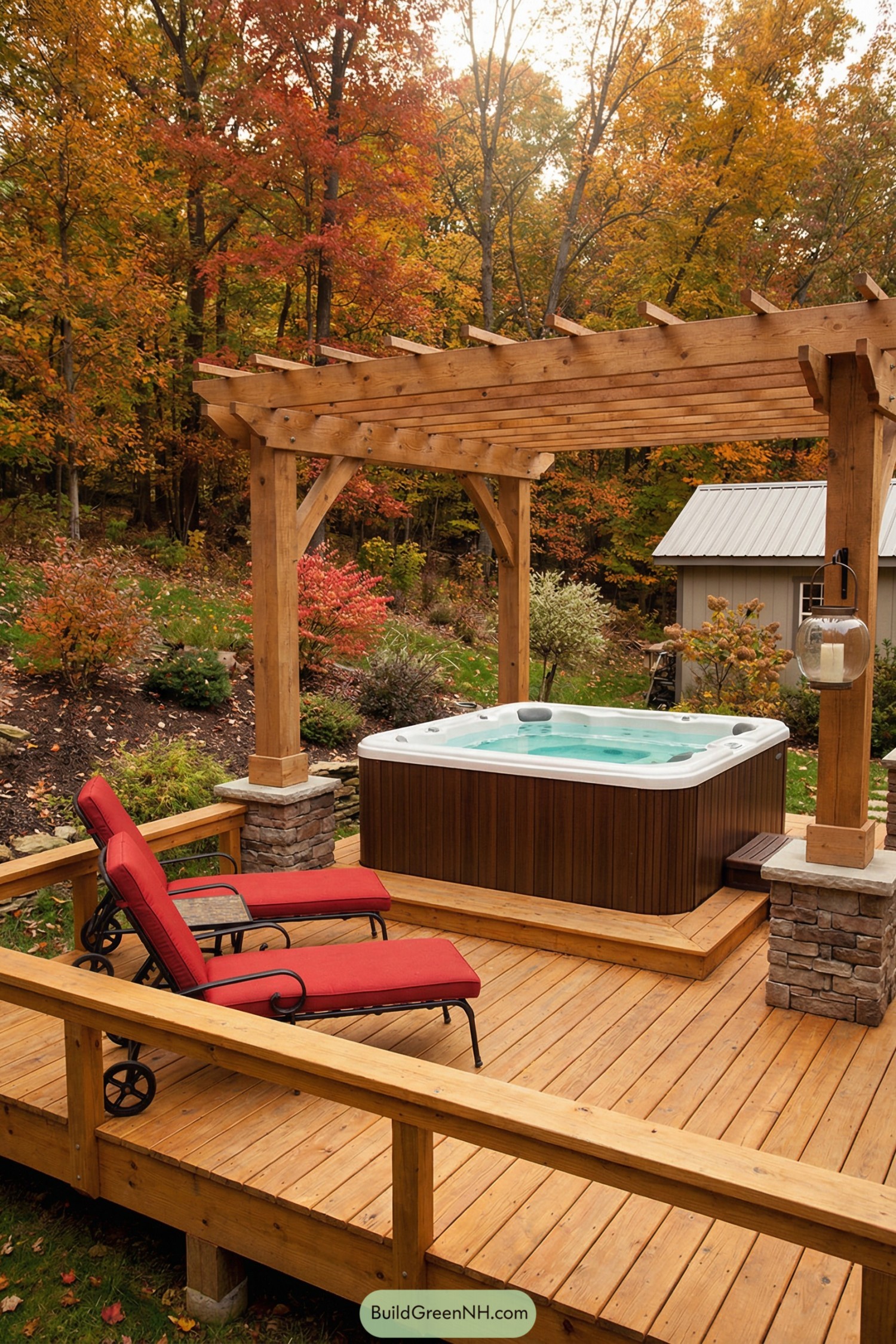 Wooden pergola deck with hot tub and red lounge chairs surrounded by colorful fall trees
