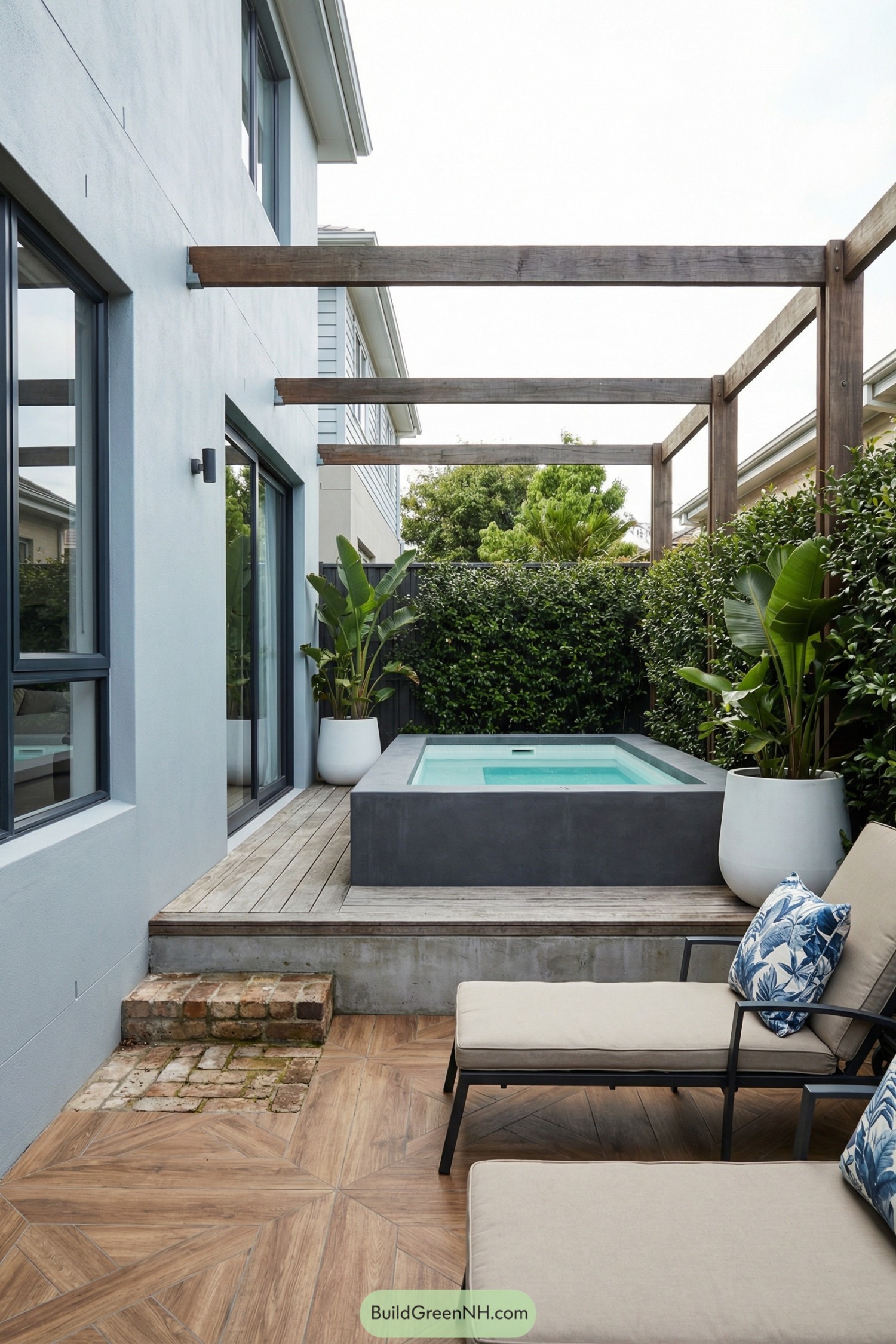 Compact backyard plunge pool set in a modern courtyard with wood pergola, greenery, and lounge chairs