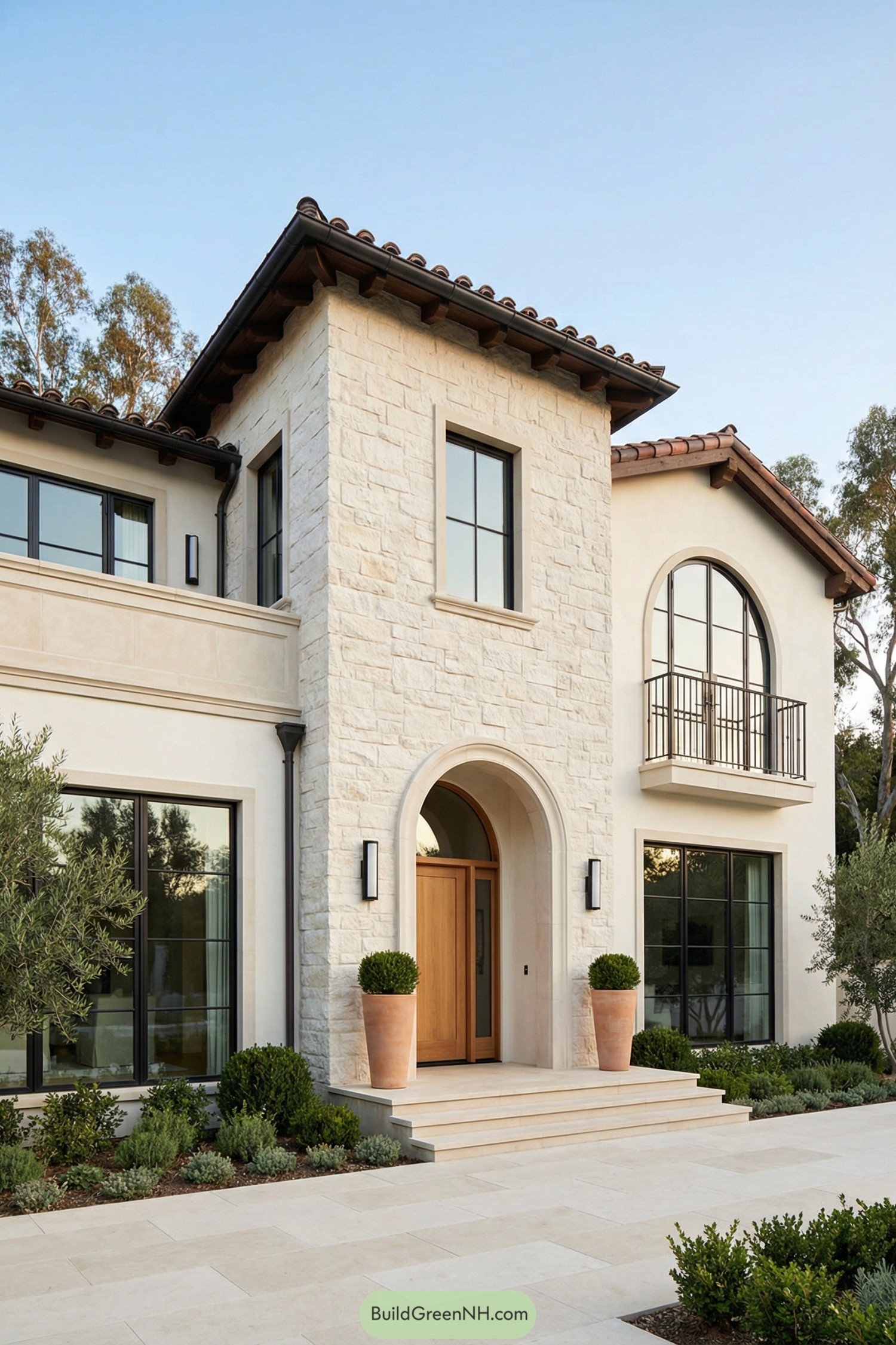 high-res photo of a contemporary Mediterranean white stucco house facade. clean two-story composition with central projecting entrance volume and asymmetrical wings. exterior walls in smooth warm-white stucco, central entry tower clad in light cream textured stone blocks. low-pitched gable and hip roofs with dark brown exposed rafters and reddish-brown clay barrel tiles. black metal gutters and downspouts. large black-framed windows, mix of tall rectangular and arched openings, narrow mullions, clear glass. upper right gable with oversized arched window and slim black Juliet balcony on a light wood or stone slab. left upper level with shallow balcony edged by solid stone parapet matching the entry tower, black-framed glazing behind. main entrance with deep arched portal in stone, recessed wood pivot door with vertical glass panel, warm natural wood tone. wide light-beige stone steps leading to the door, two tall tapered planters with green topiary flanking the arch, additional wall-mounted vertical black sconces. foreground with pale stone terrace and walkway in large rectangular pavers, low manicured shrubs and groundcovers along the facade, small trees reflected in windows. background with clear blue sky and soft silhouettes of mature trees around the property. soft late-afternoon lighting, gentle shadows, overall calm and picture-perfect residential streetscape. single real-life photo, high-resolution, architectural photography, soft lighting, cinematic composition, strictly no collages.