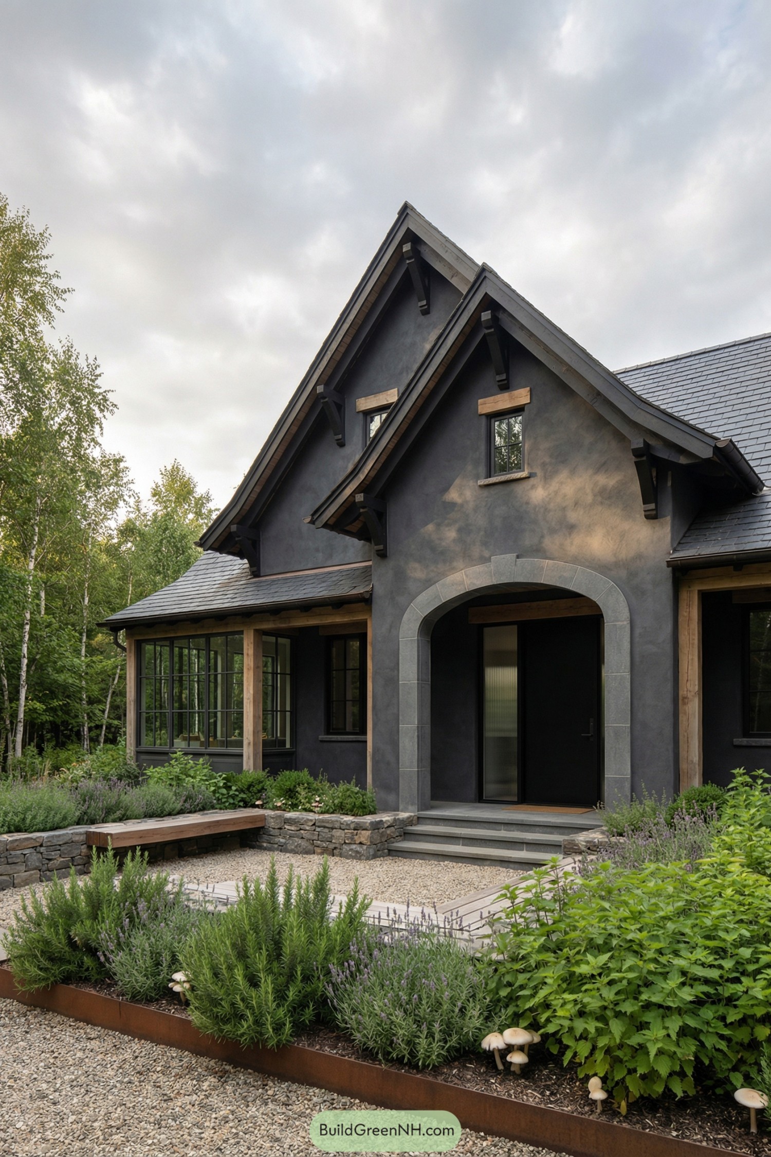 Dark charcoal cottage with steep gables and lush garden